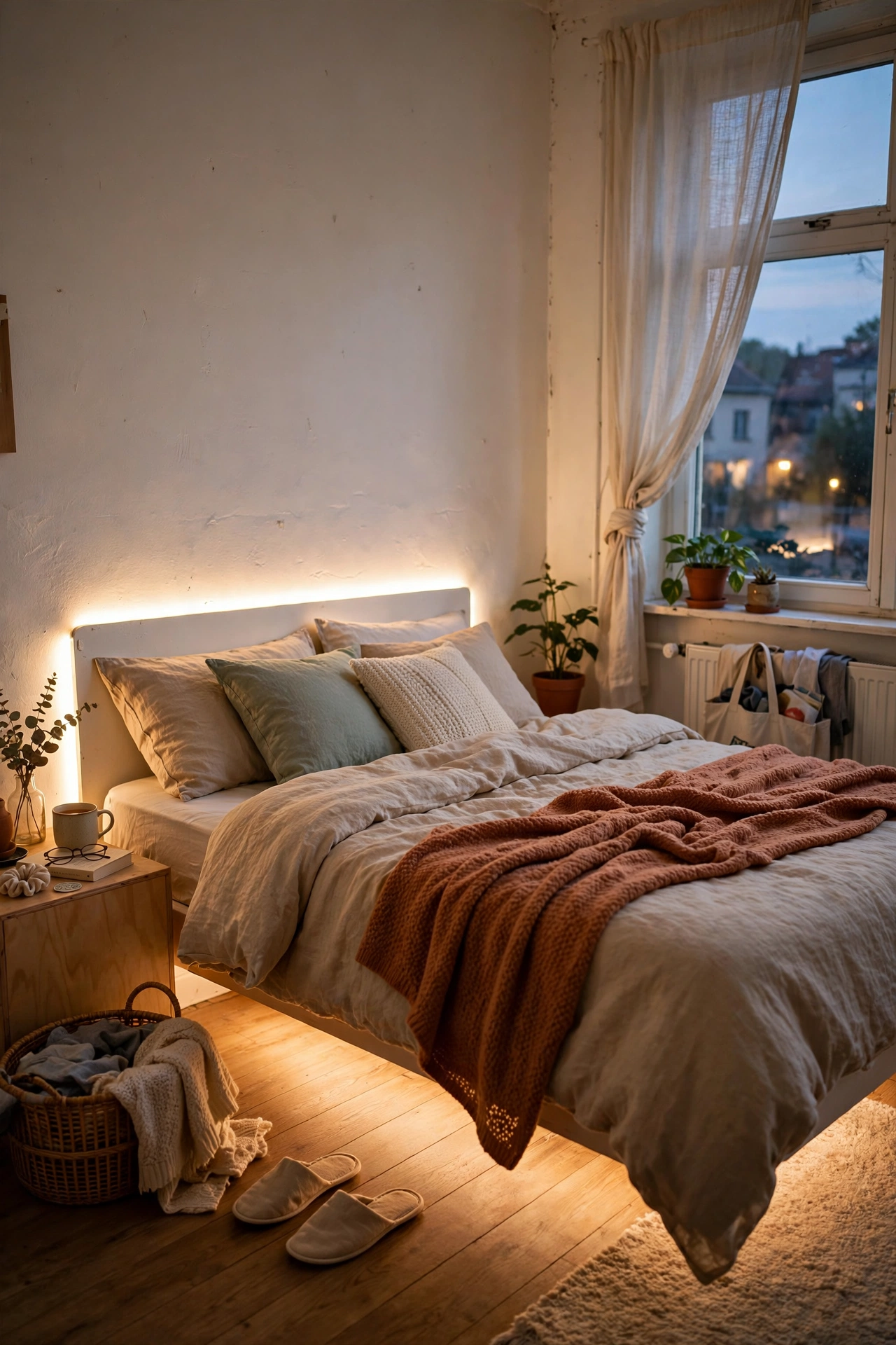 Warm LED strip glowing behind a headboard in a rental bedroom