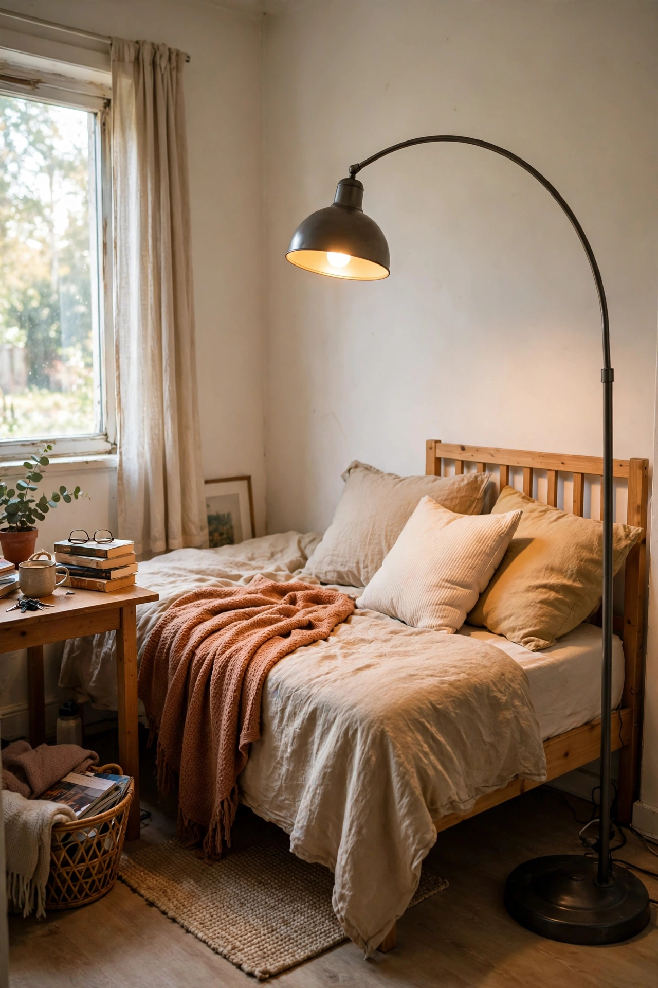 Arc floor lamp curving over the reading side of a rental bed