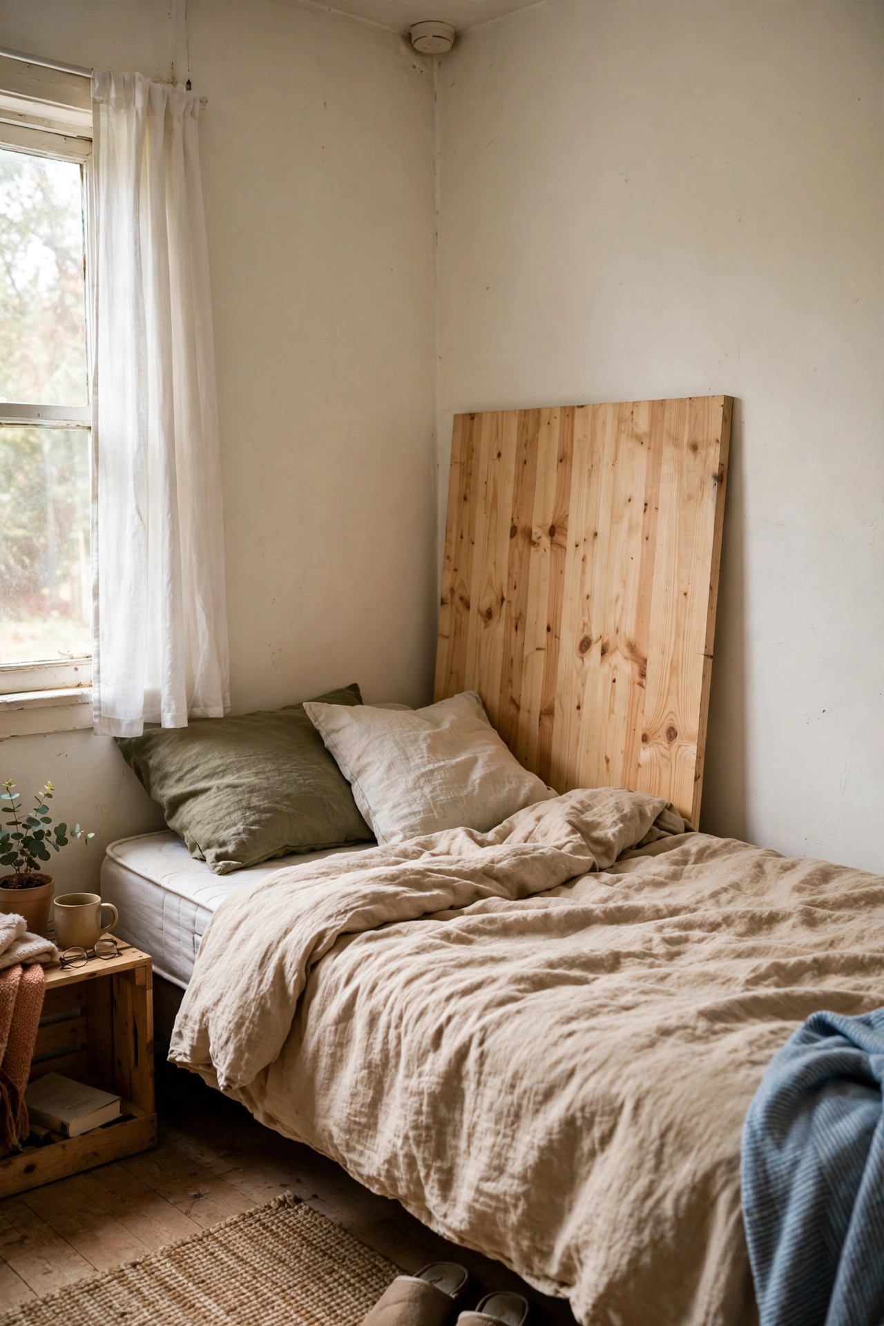 Pine board headboard leaning between a bed and wall with no bolts