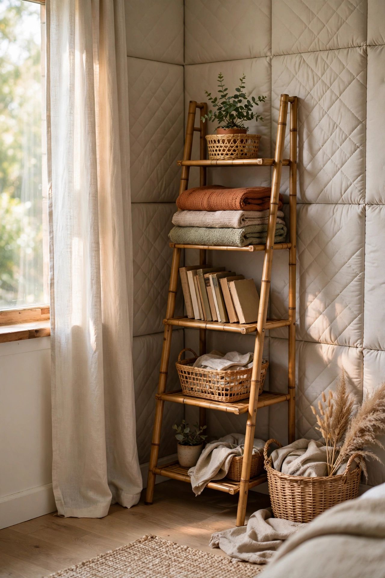Bamboo leaning ladder shelf styled with throws and books
