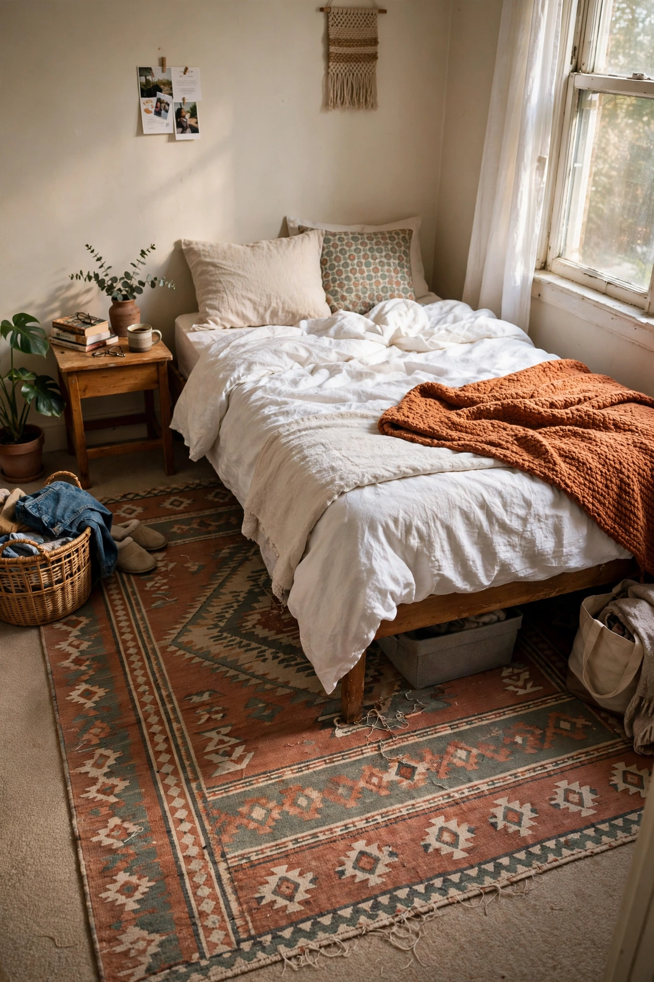 Large patterned area rug layered over beige rental carpet