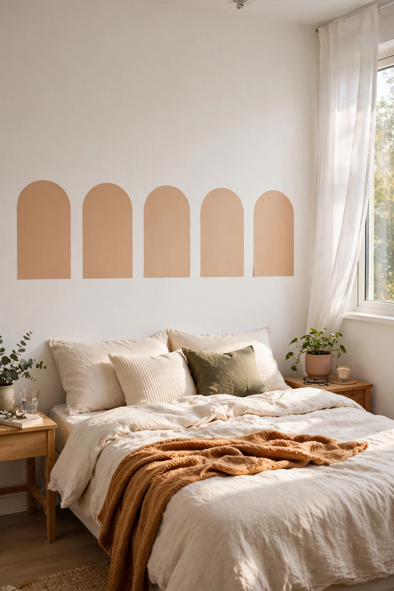 Removable arch wall decals arranged above a rental bed