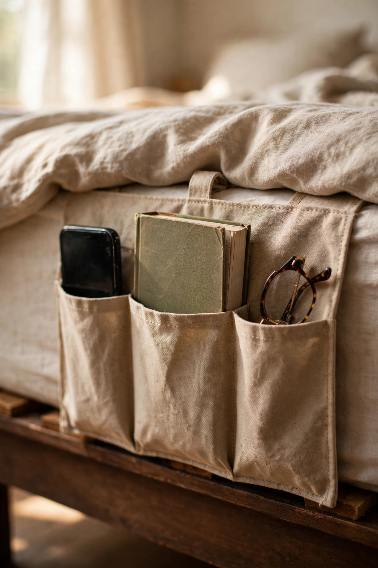 Canvas bedside caddy with pockets tucked under a mattress