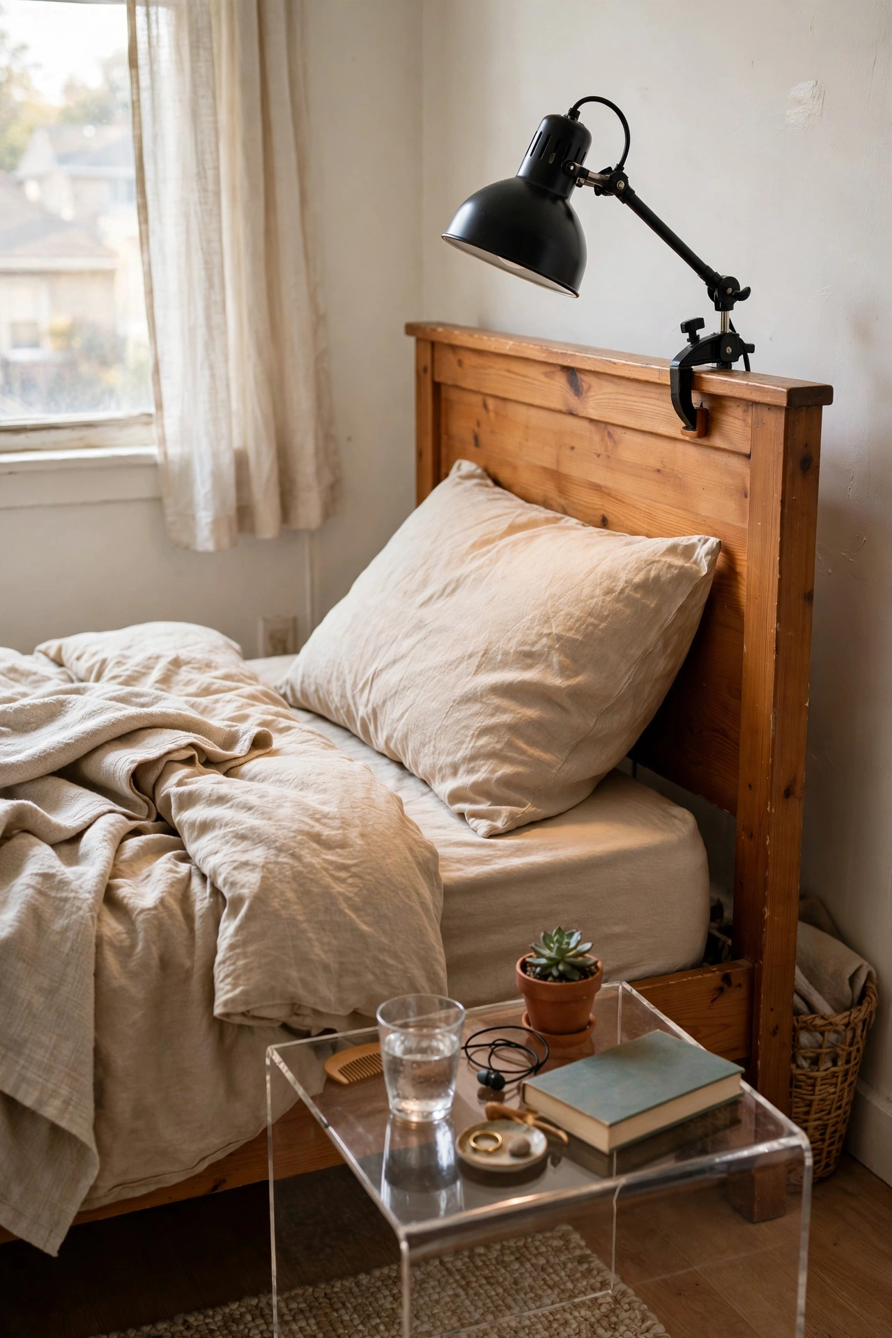 Adjustable clamp lamp gripped to a wooden headboard rail