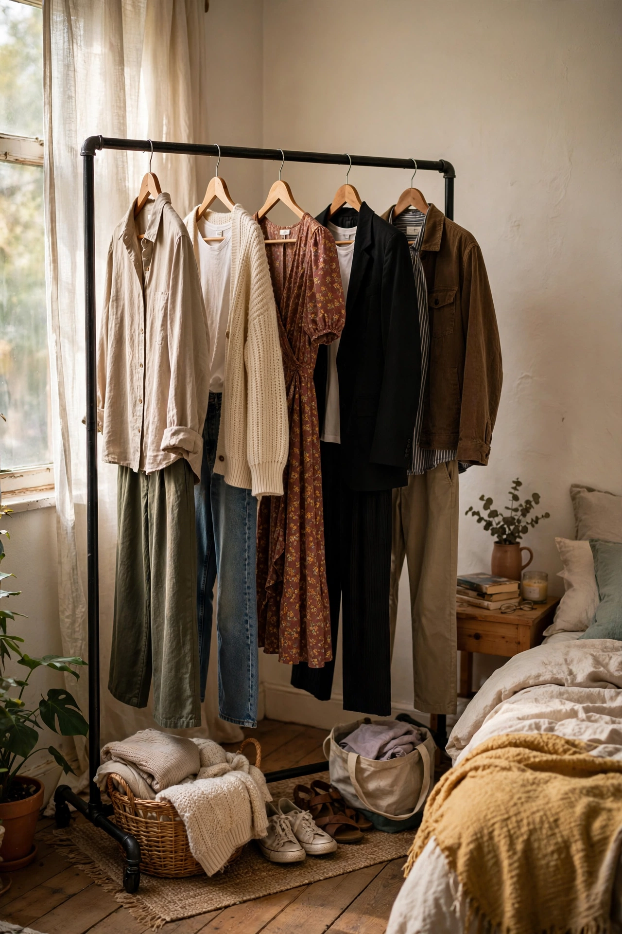 Freestanding garment rack with curated outfits on matching hangers