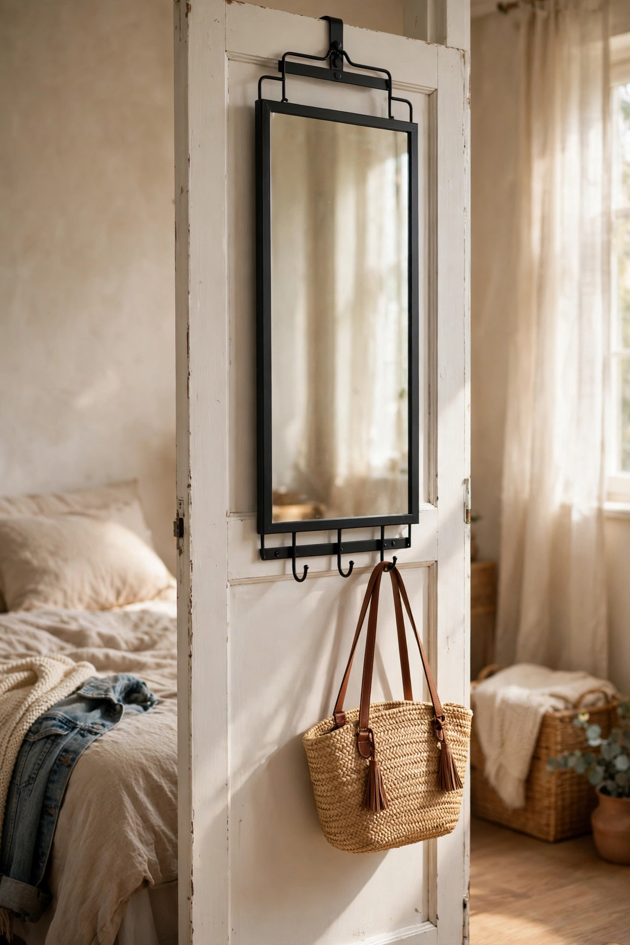 Over-the-door full-length mirror with hooks on the back