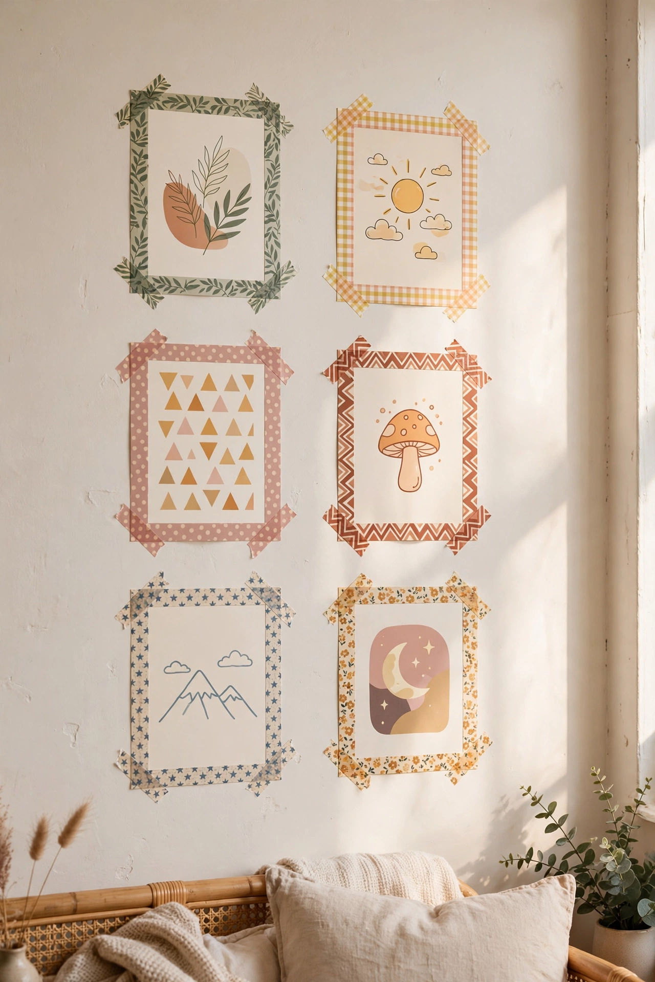 Art prints framed with patterned washi tape on a rental wall