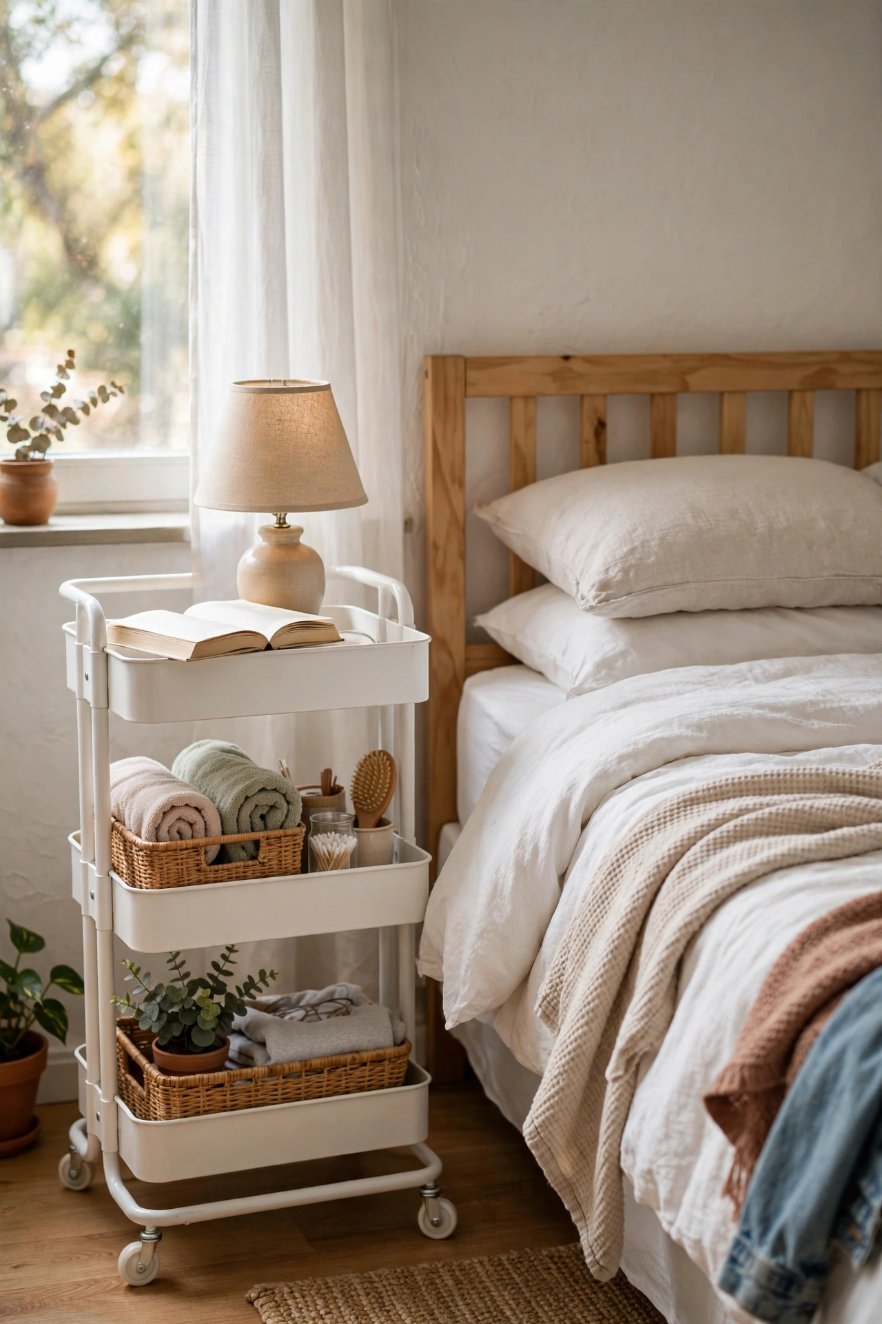 Three-tier rolling cart used as a nightstand beside a bed