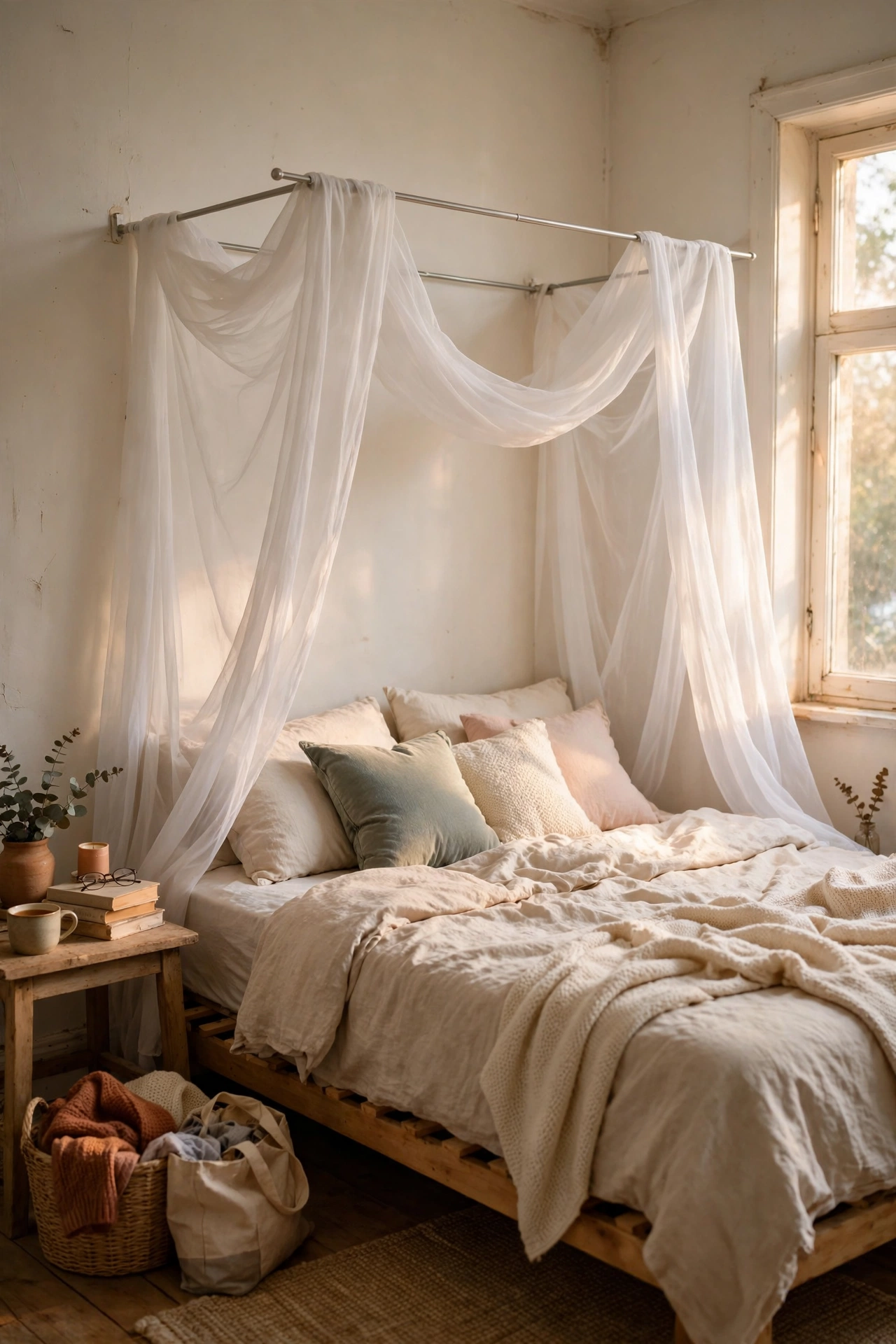 Sheer canopy draped over tension rods above a rental bed