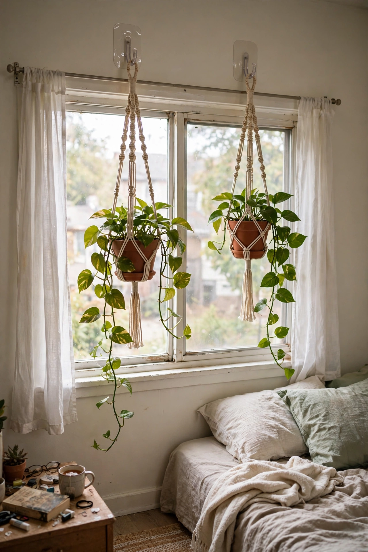 Trailing pothos plants hanging from adhesive hooks by a window