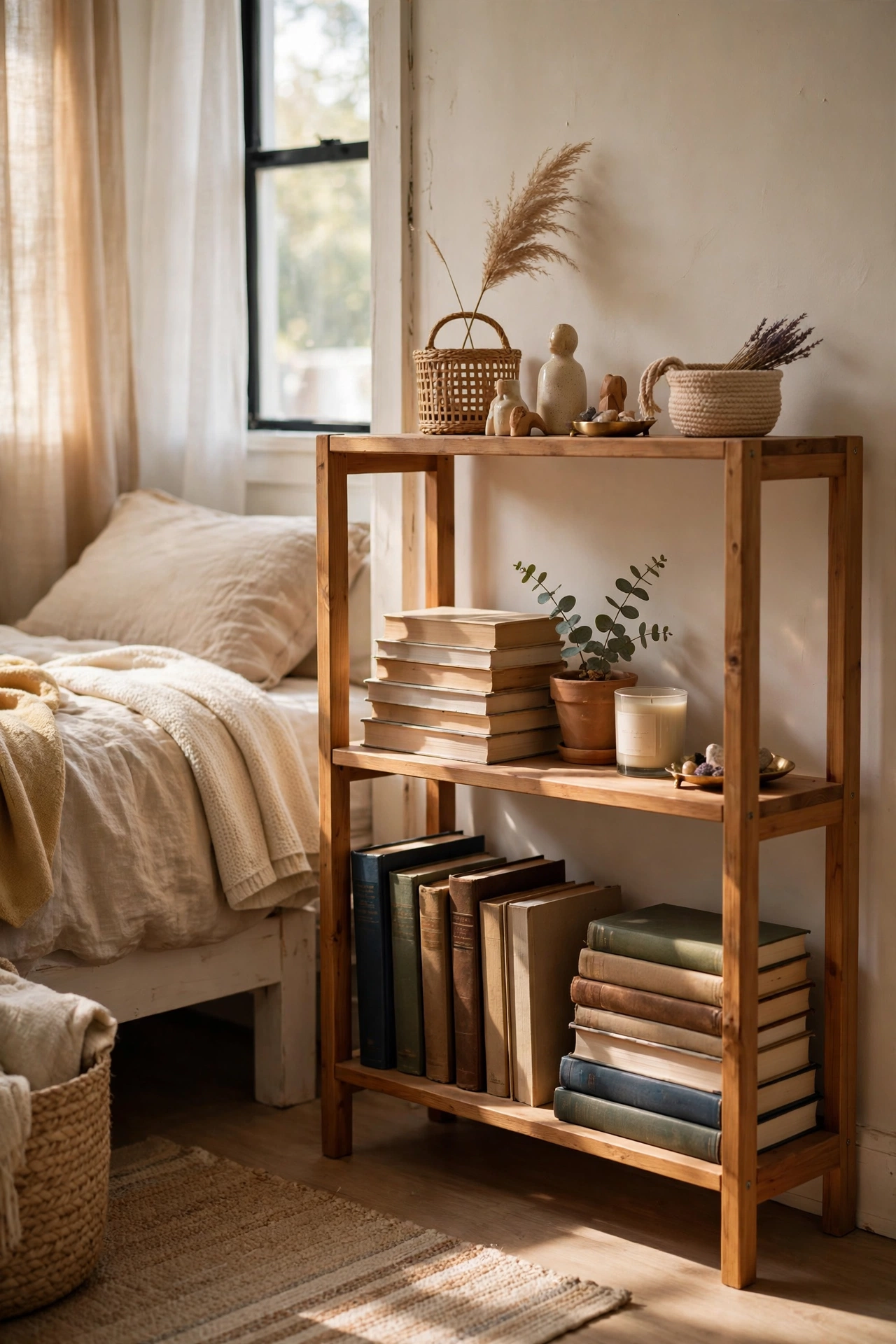 Low freestanding bookshelf styled with books and a plant