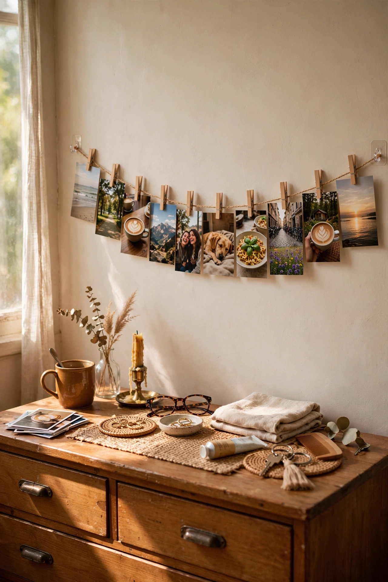Photo string with wooden pegs clipped along twine above a dresser