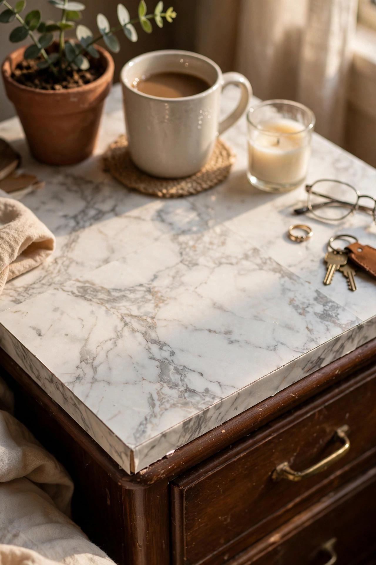 Rental nightstand top covered in marble-look peel-and-stick tiles