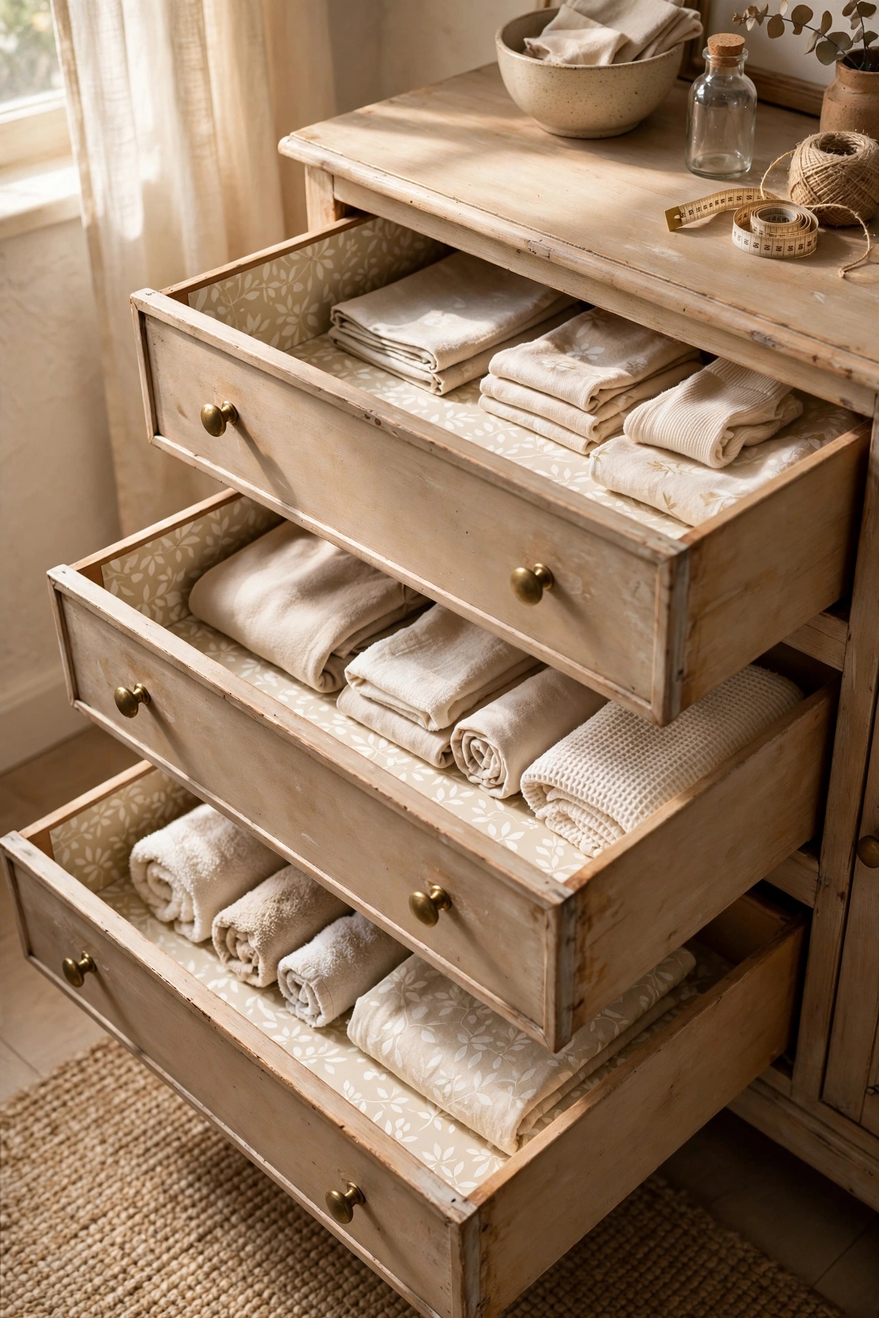 Dresser drawers lined with cream patterned contact paper