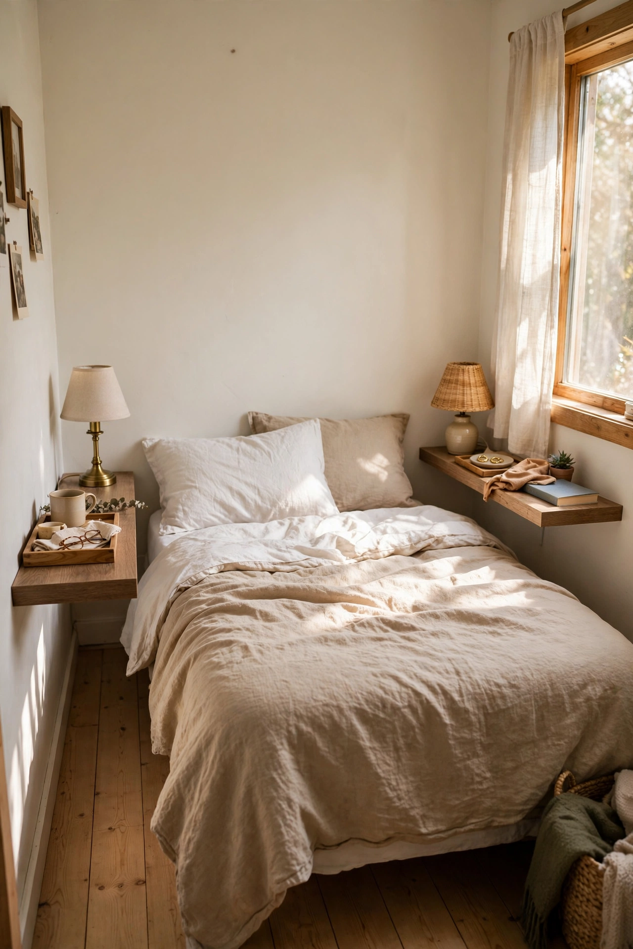 Floating wall-mounted nightstand shelves on either side of a bed in a small bedroom