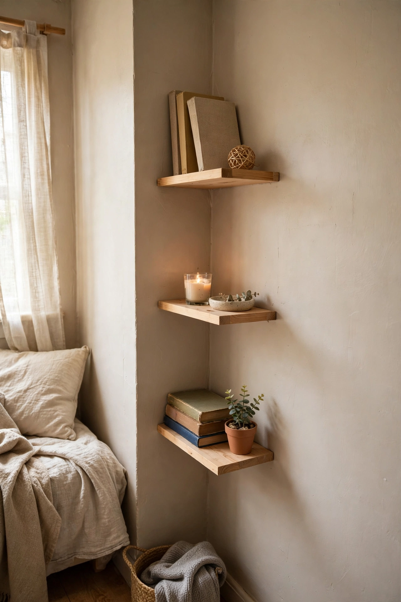 Floor-to-ceiling floating corner shelves styled with books and a plant in a small bedroom