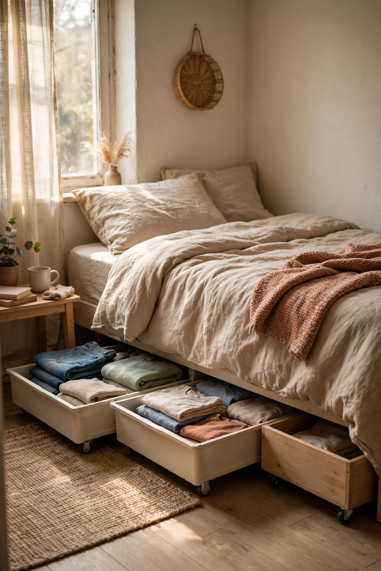 Low rolling storage drawers tucked neatly under a bed in a small bedroom