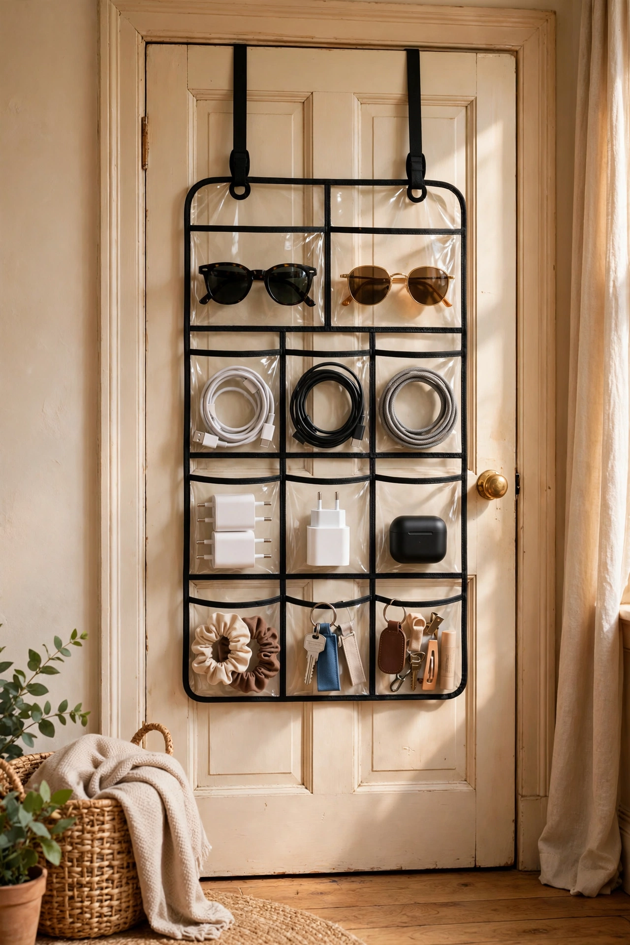 Clear over-the-door pocket organiser holding accessories on a bedroom door