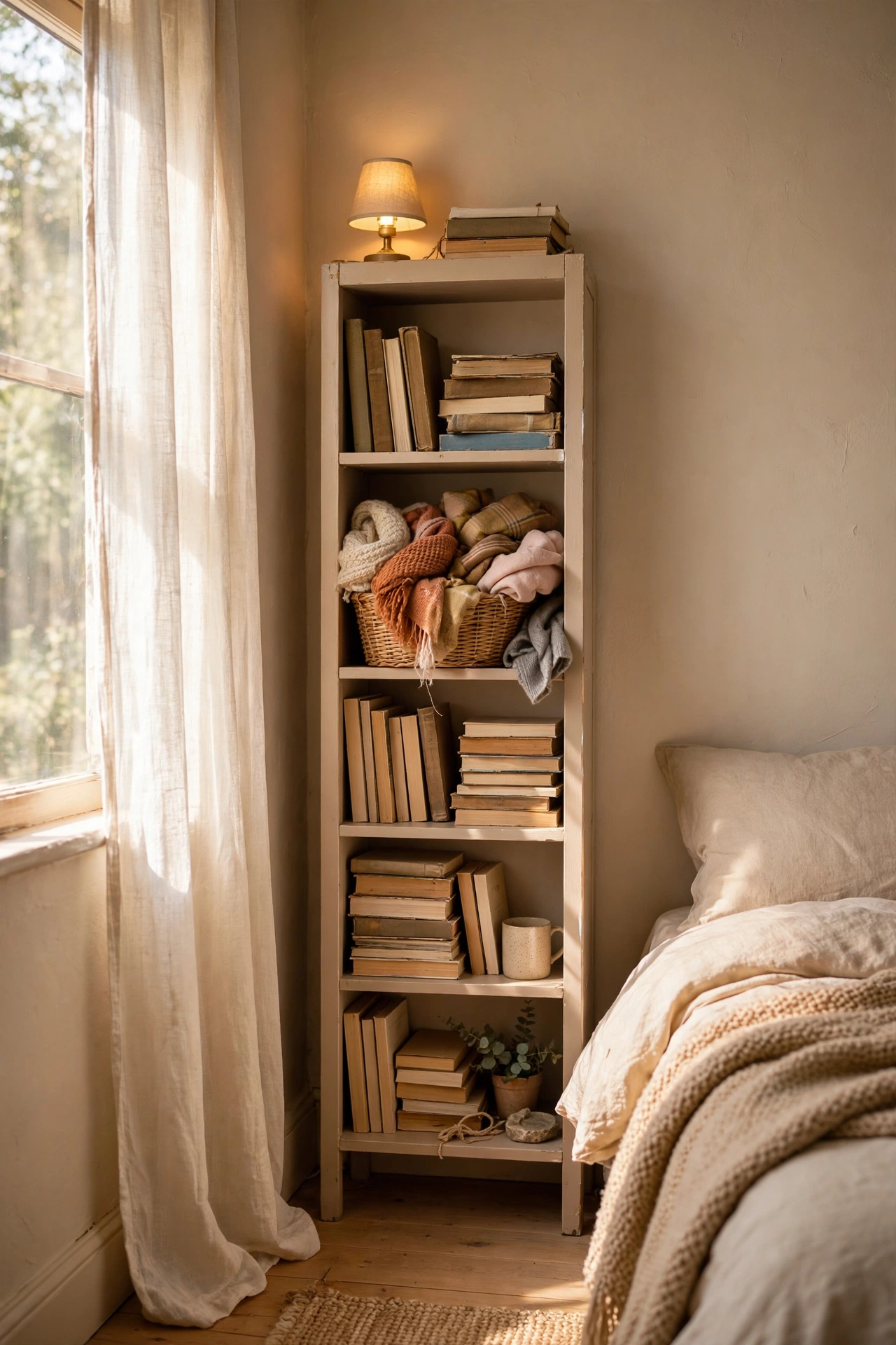 Slim tall pine bookshelf tucked into the corner of a small bedroom
