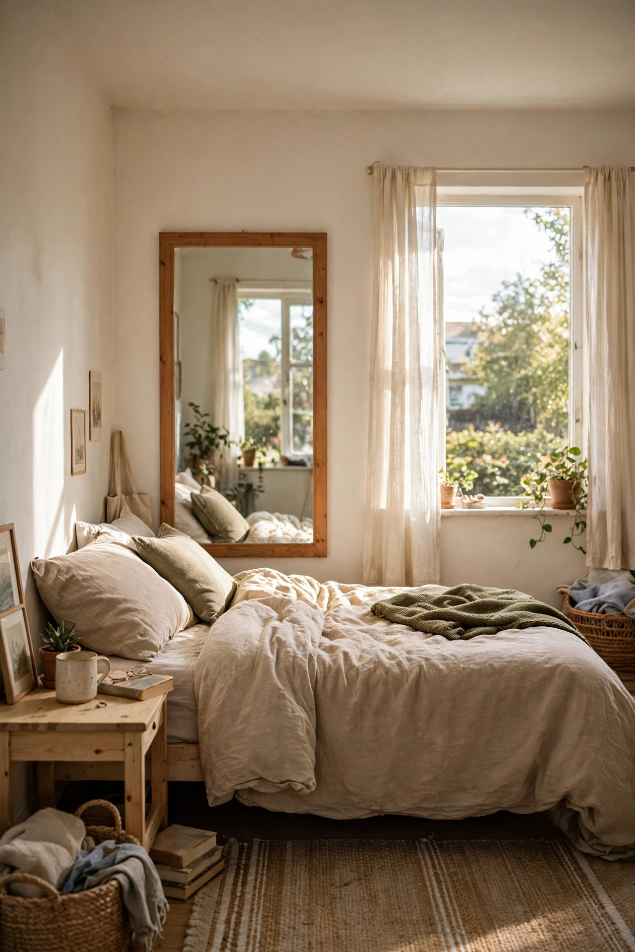 Large wood-framed mirror hung opposite a bright bedroom window