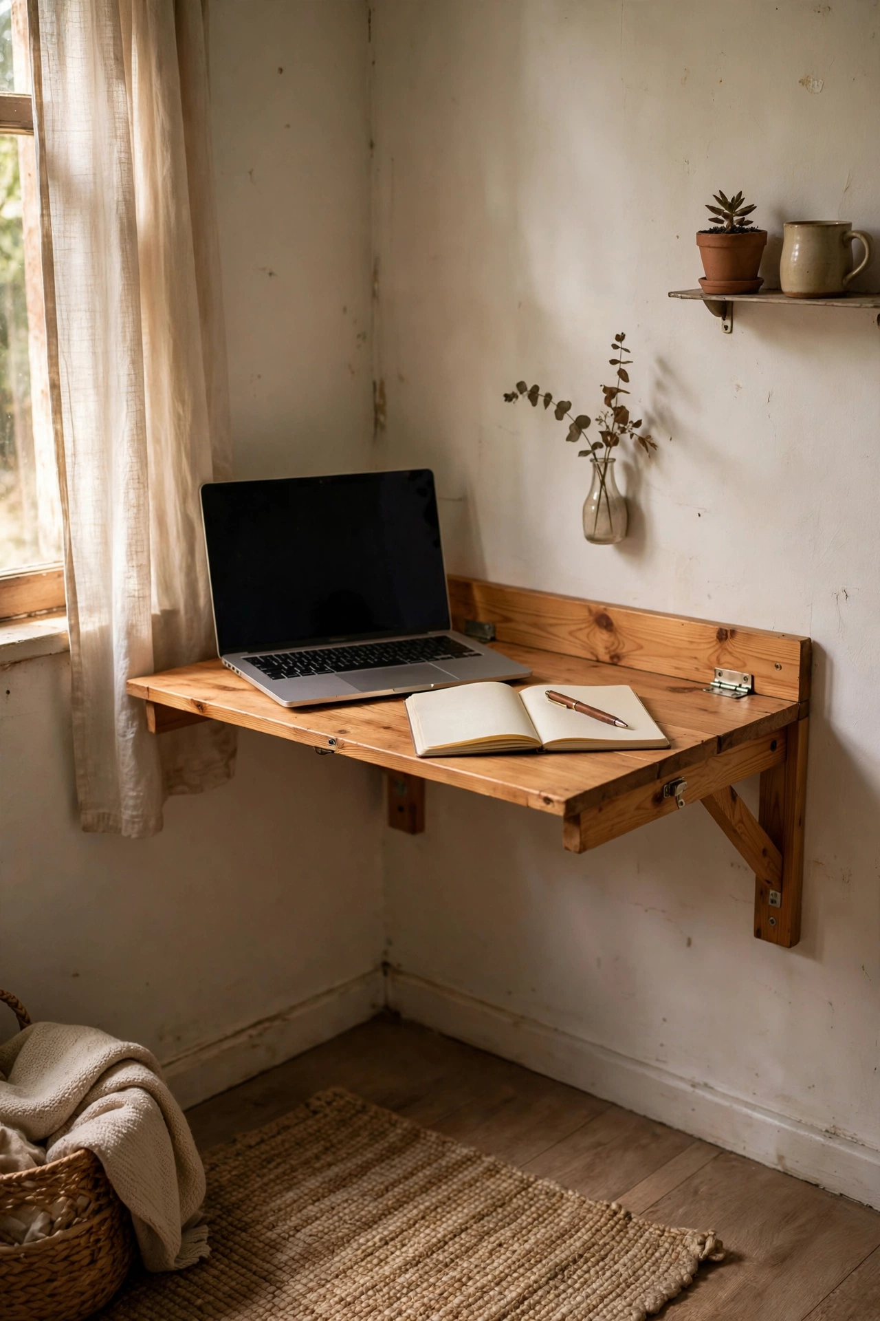 Fold-down wall-mounted desk opened for a laptop in a small bedroom