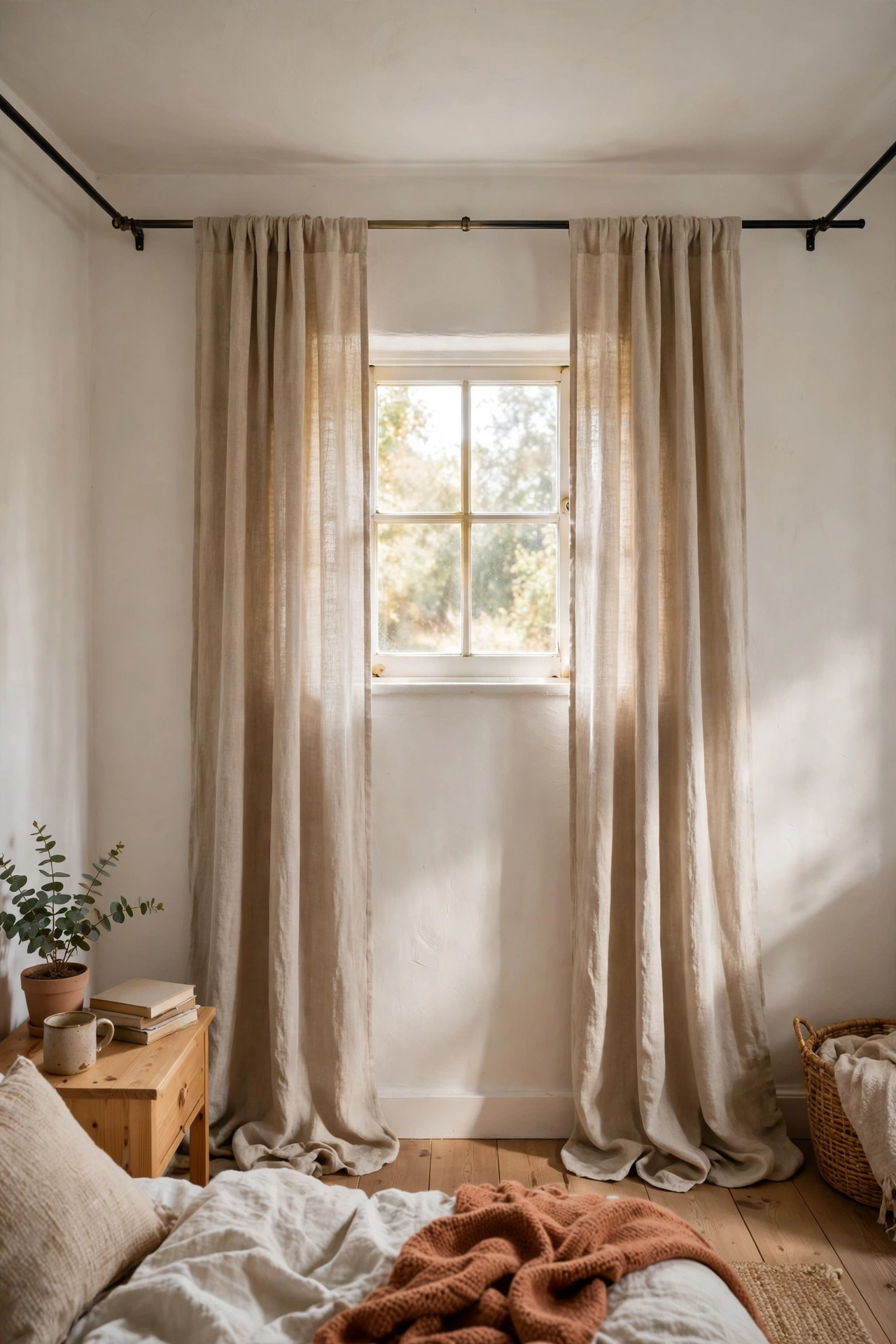 Curtain rod hung near the ceiling with wide linen panels in a small bedroom