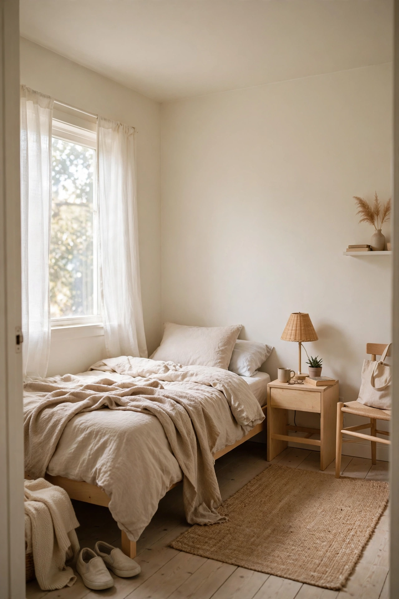 Small bedroom painted in one warm white colour on walls and ceiling