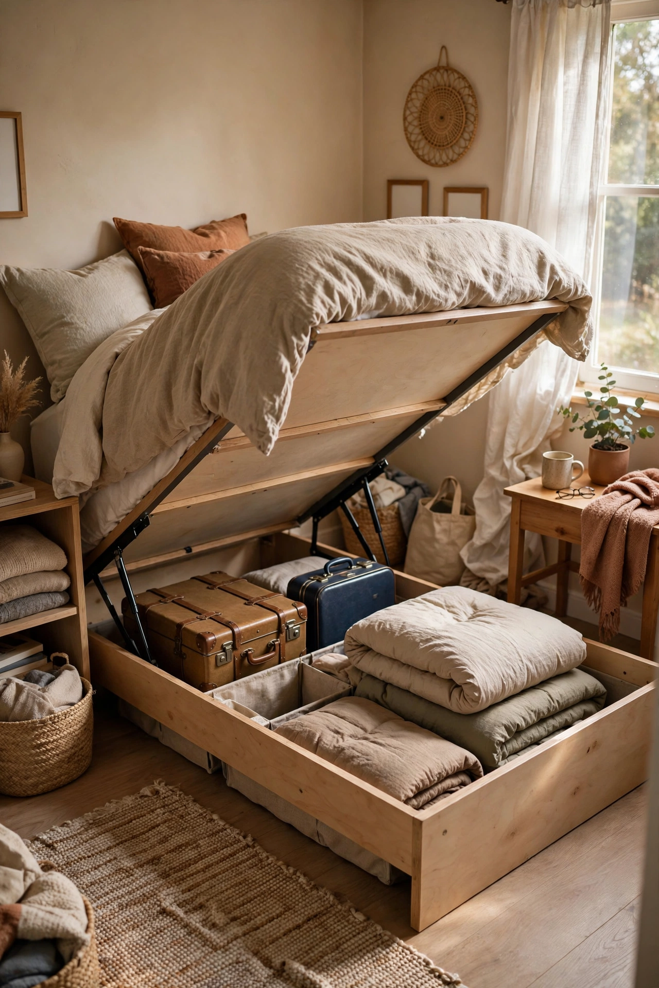 Lift-up storage bed base opened to reveal large hidden storage inside