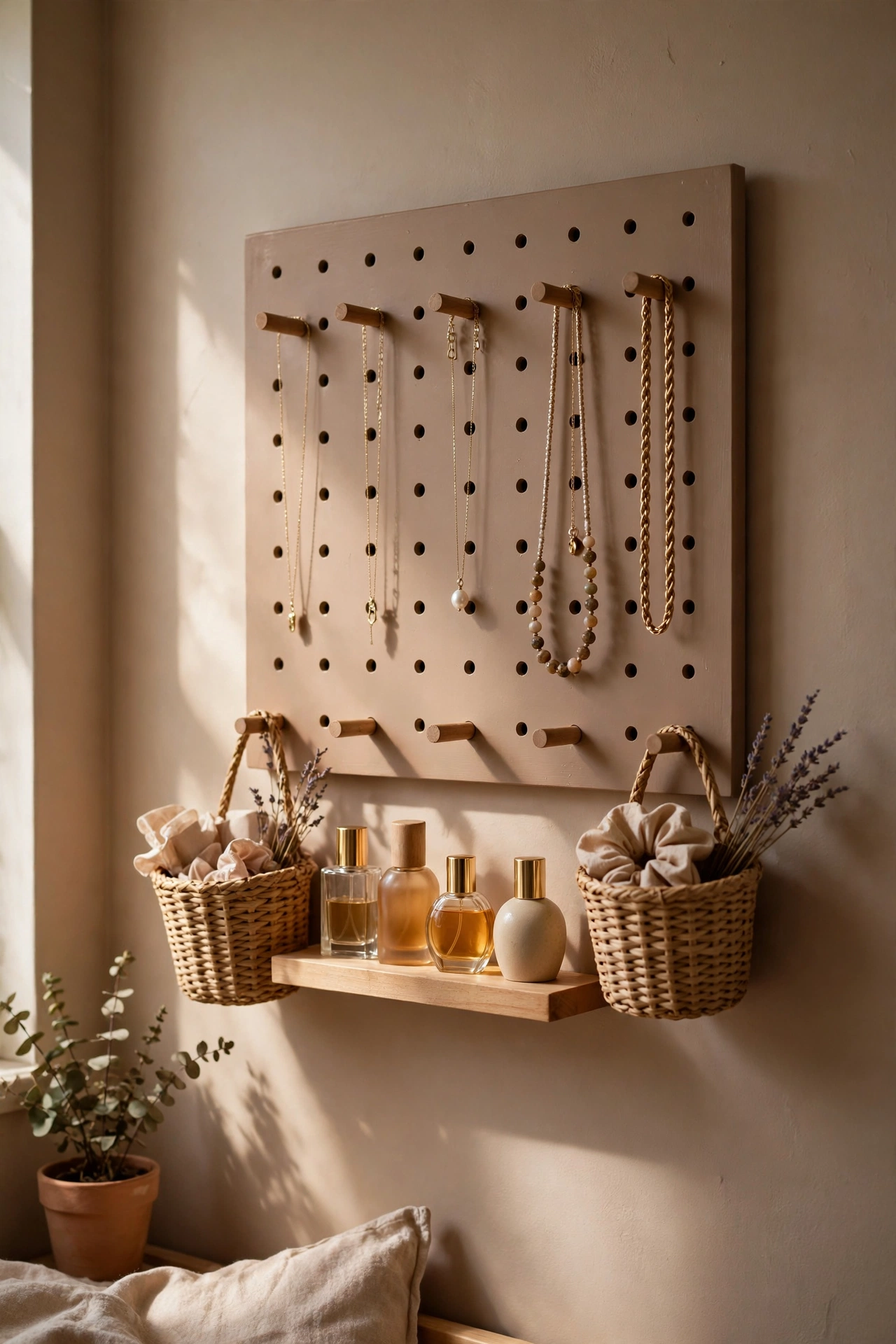 Pegboard panel with hooks and baskets for jewellery beside a bedroom dresser
