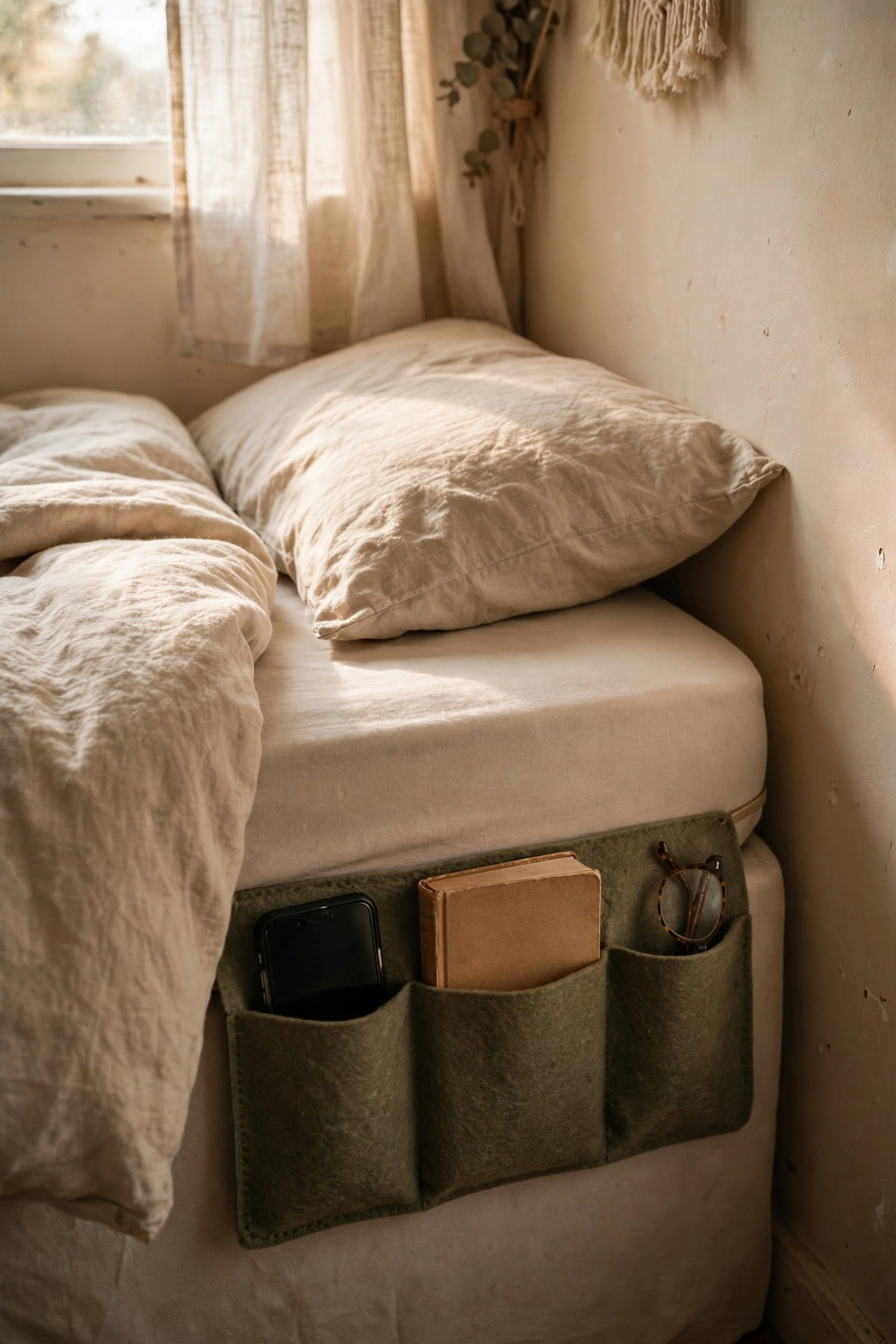 Felt bedside caddy with pockets hanging from a mattress in a tiny bedroom