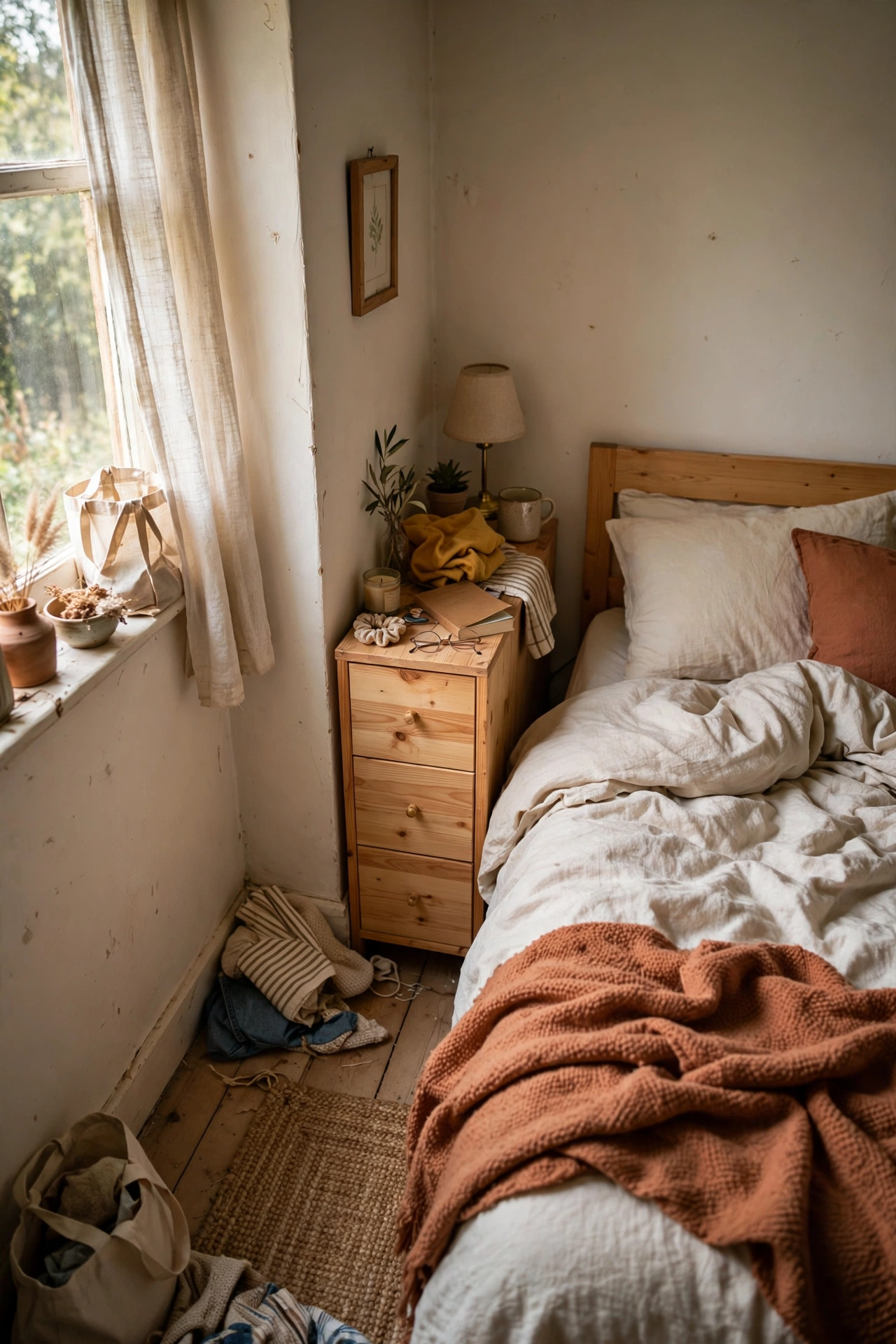 Narrow slim console dresser fitted into a tight gap beside a bed