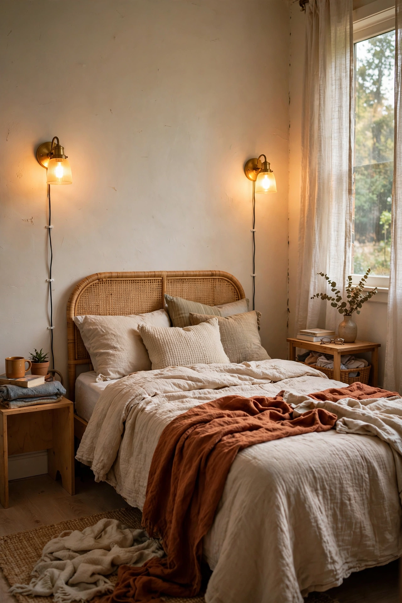 Plug-in wall sconces mounted above each side of a bed