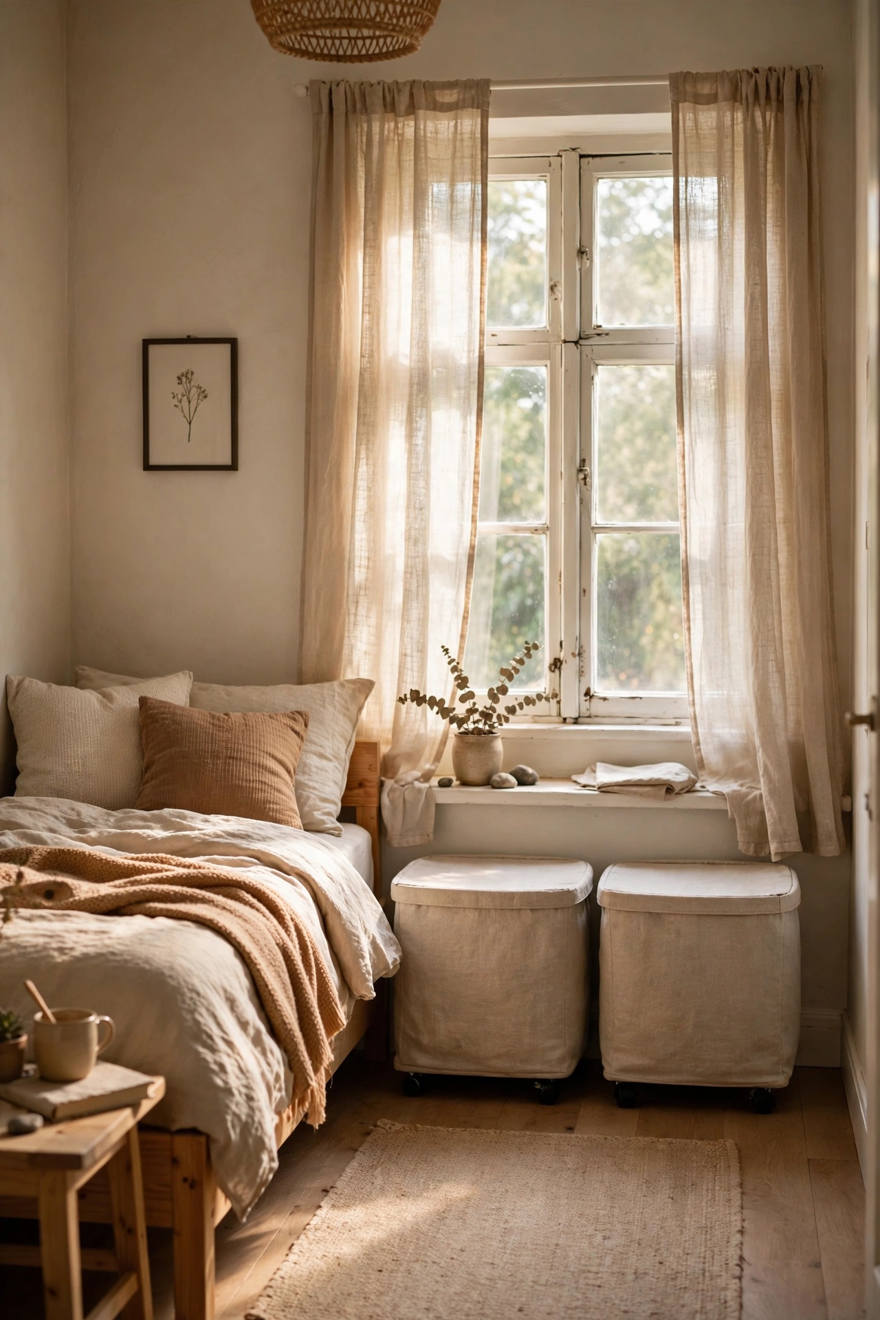 Flat lidded linen baskets on wheels lined up under a bedroom window