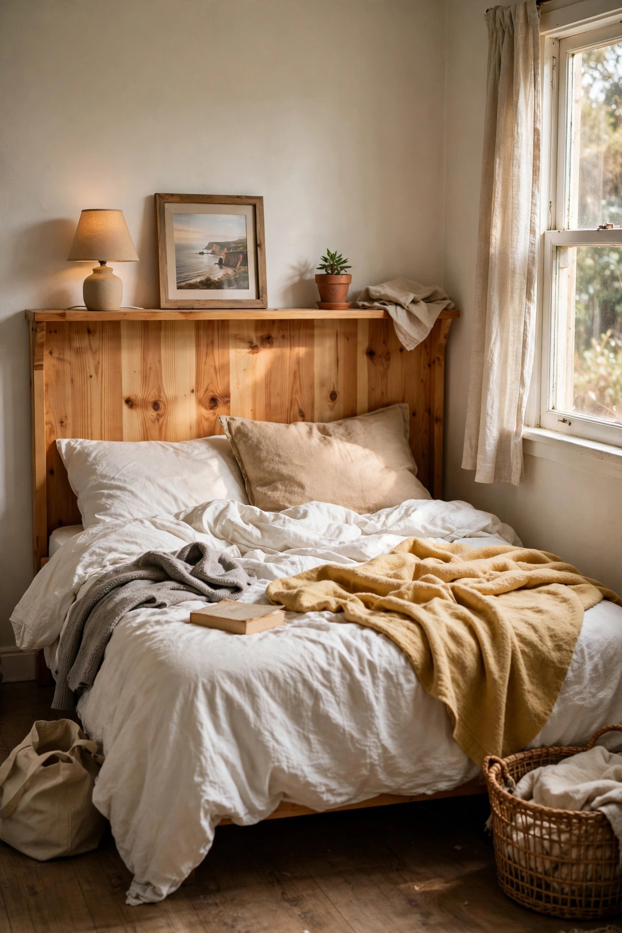 Pine headboard with a built-in shelf ledge holding a lamp and photo