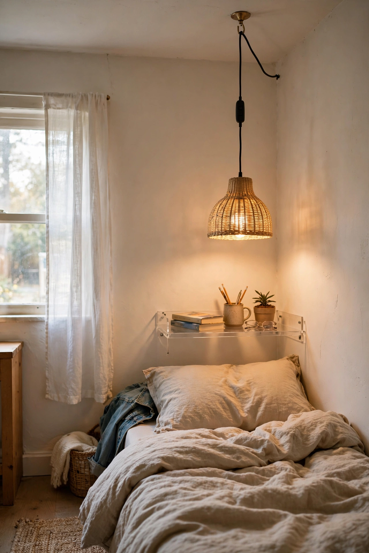 Hanging plug-in pendant light beside a bed in a small bedroom