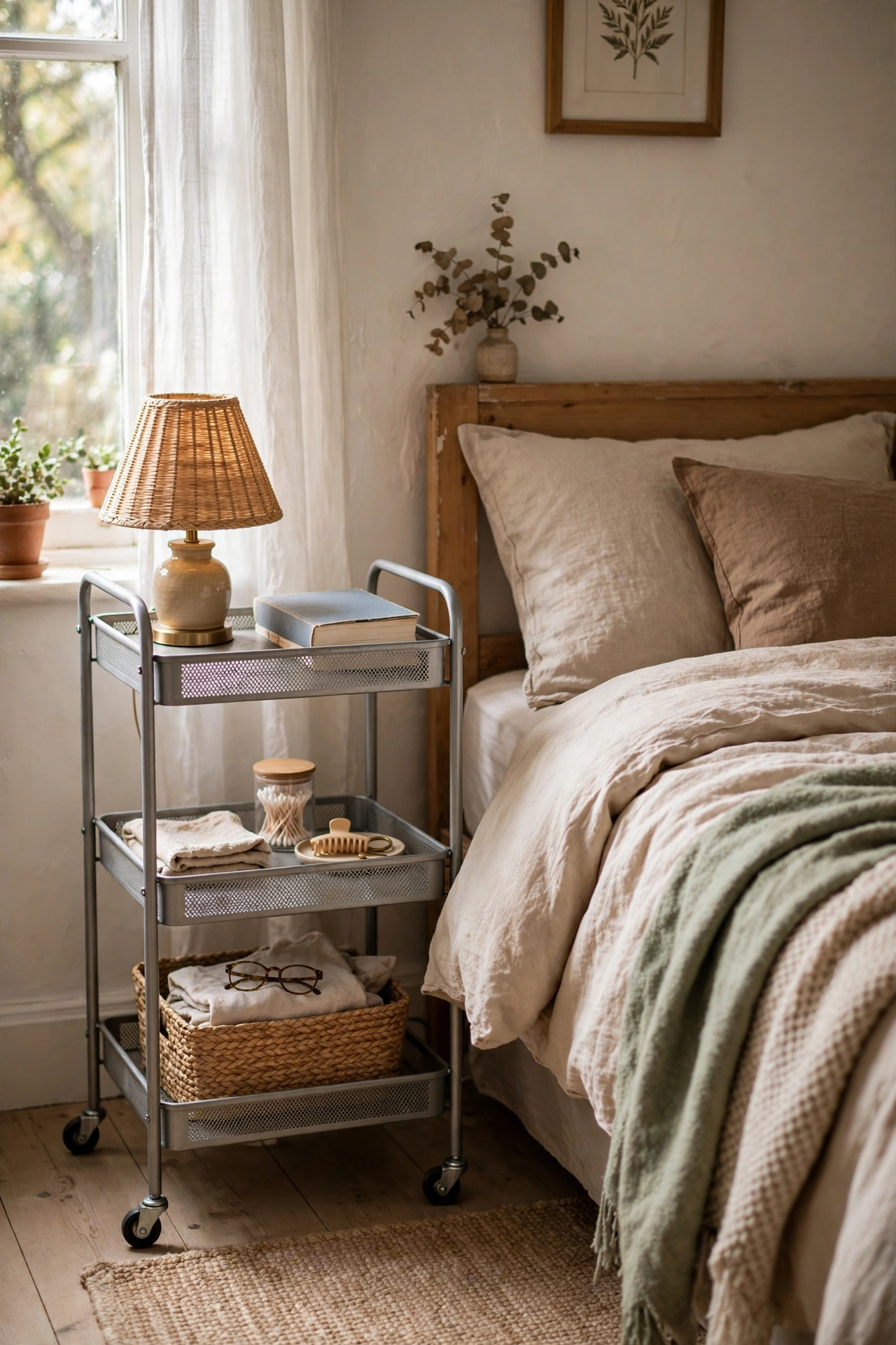 Three-tier metal rolling cart used as a nightstand beside a bed