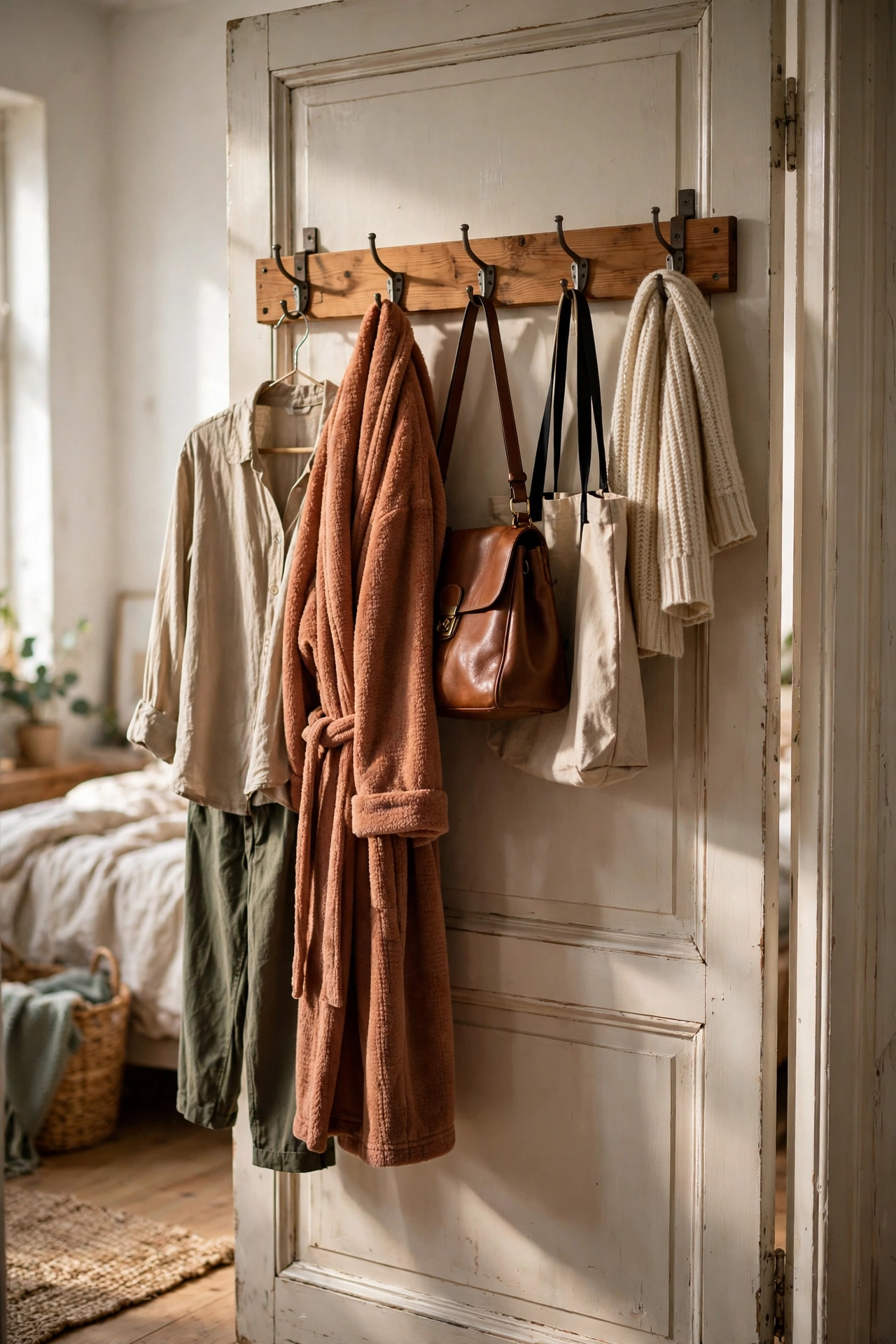 Wooden hook rail with five hooks on the back of a bedroom door