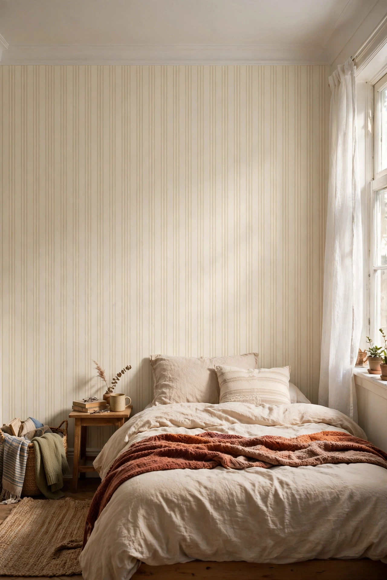 Bedroom wall behind a bed covered in subtle vertical-stripe peel-and-stick wallpaper