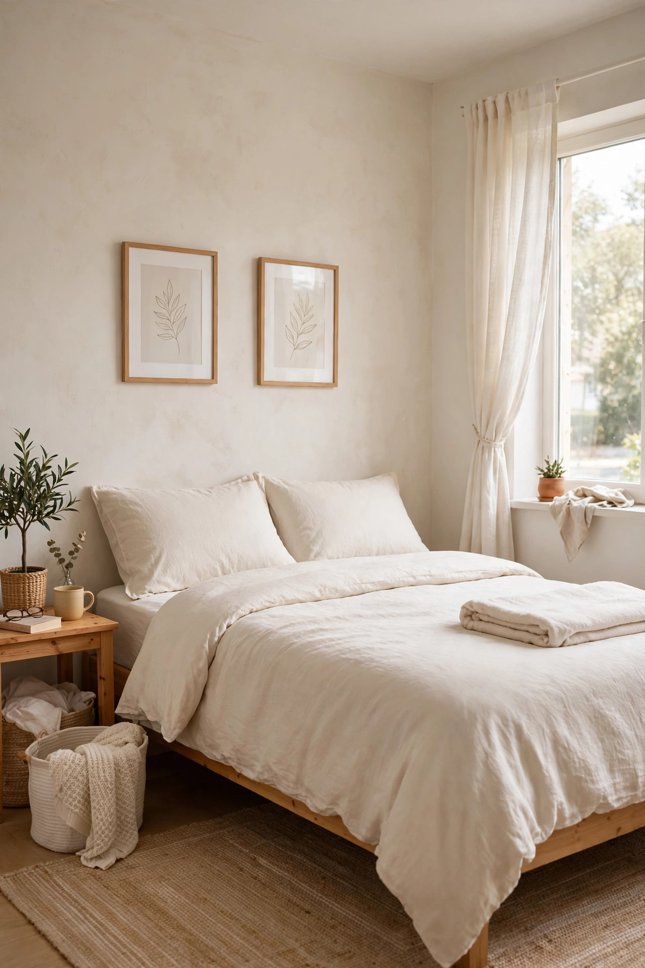 Bed dressed in a matching pale warm-white bedding set in a small bedroom