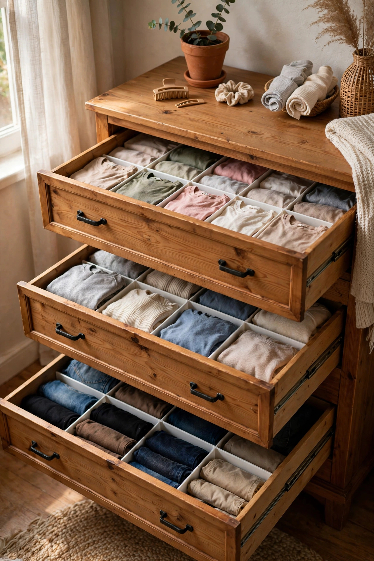 Dresser drawers fitted with adjustable dividers in neat organised rows