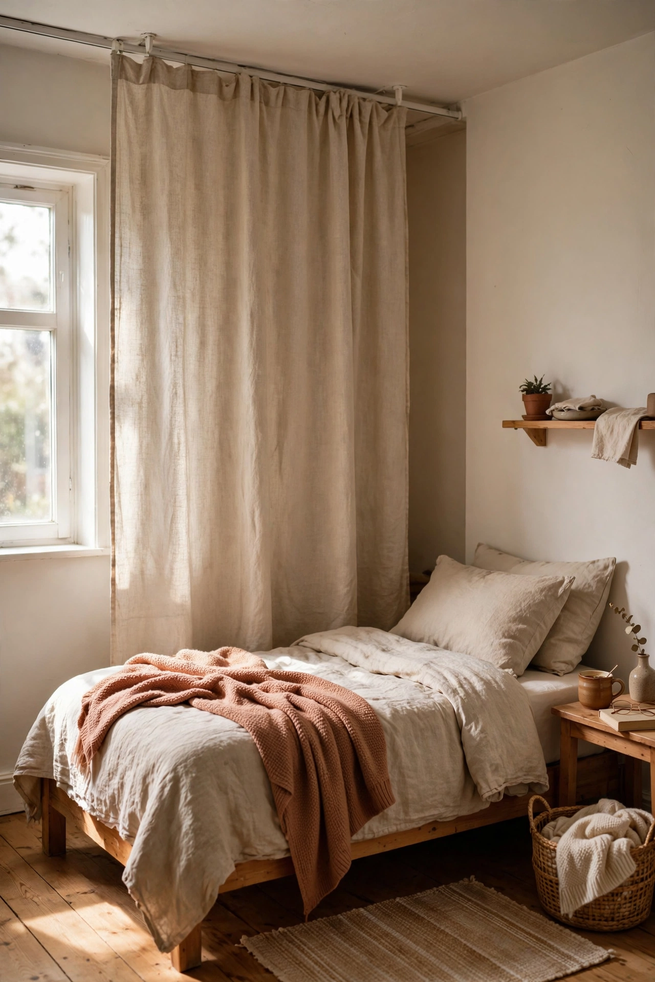Linen curtain panel on a ceiling track hiding a cluttered bedroom alcove