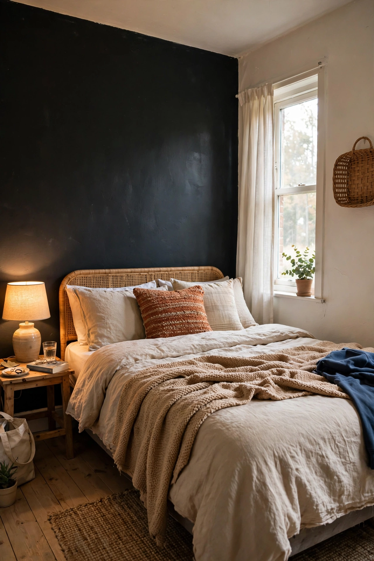 Bedroom with a deep charcoal accent wall behind the bed and pale walls elsewhere