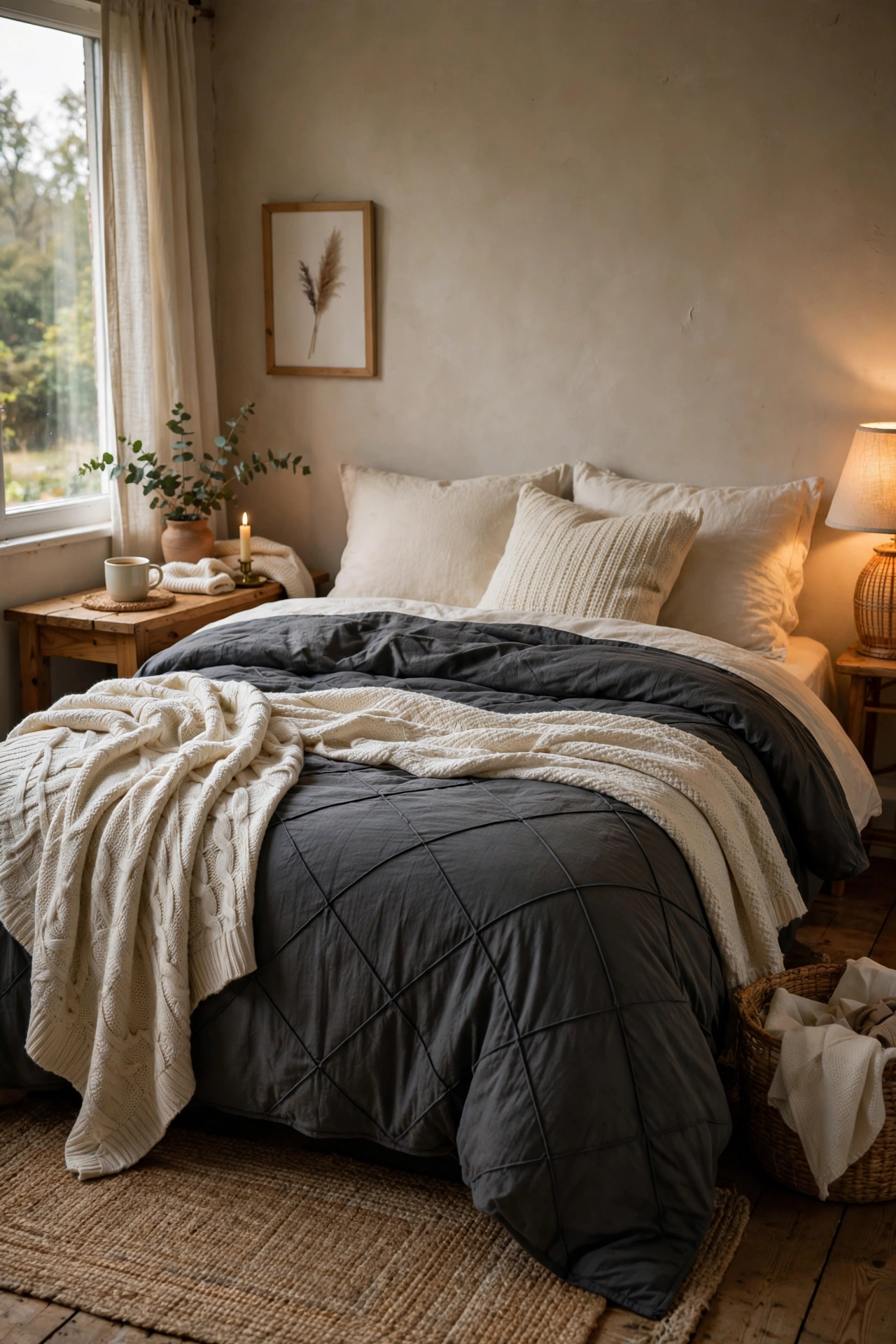 Charcoal duvet set softened with cream throws and cream pillows on a bed