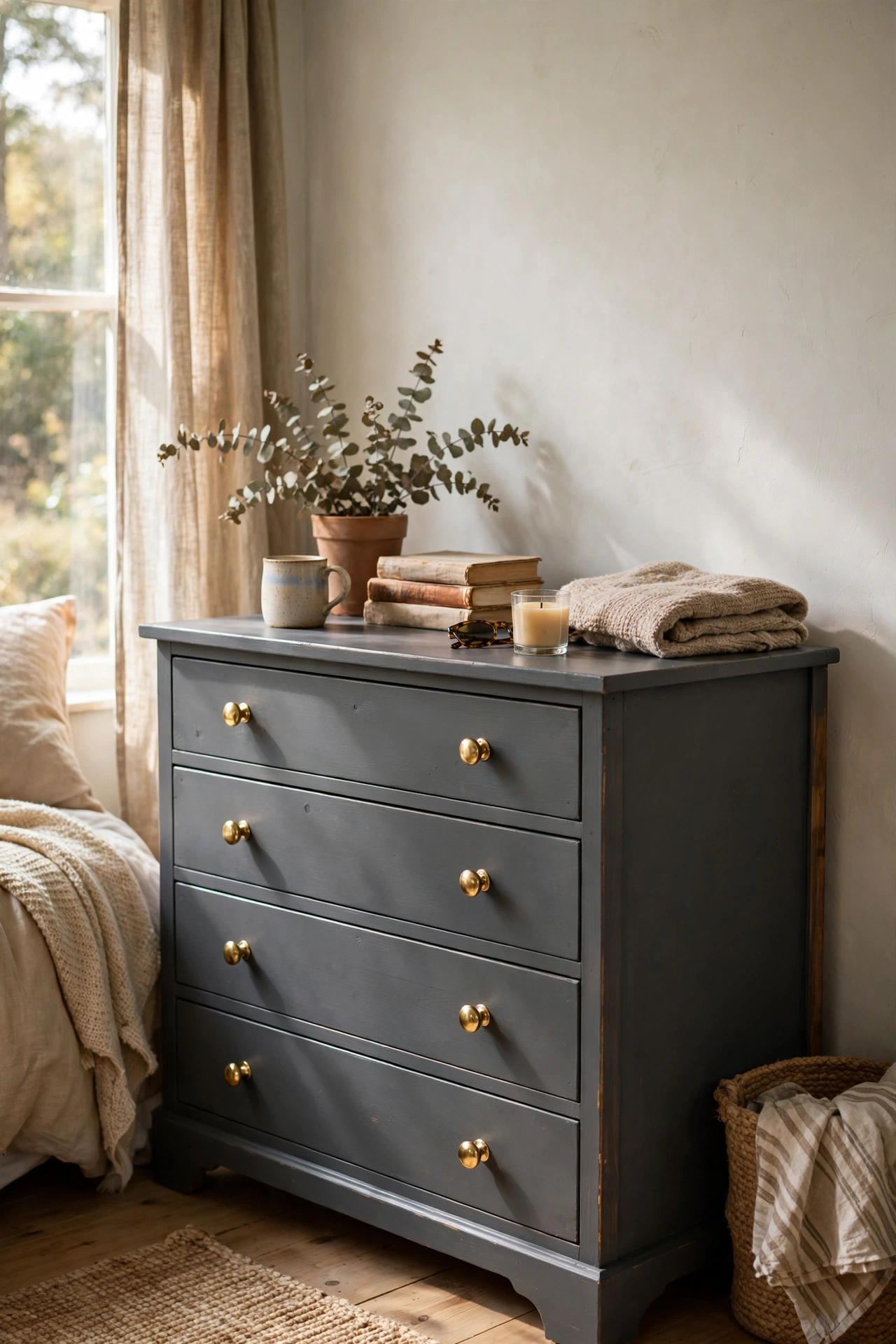 Charity-shop pine dresser painted charcoal gray with new brass knobs
