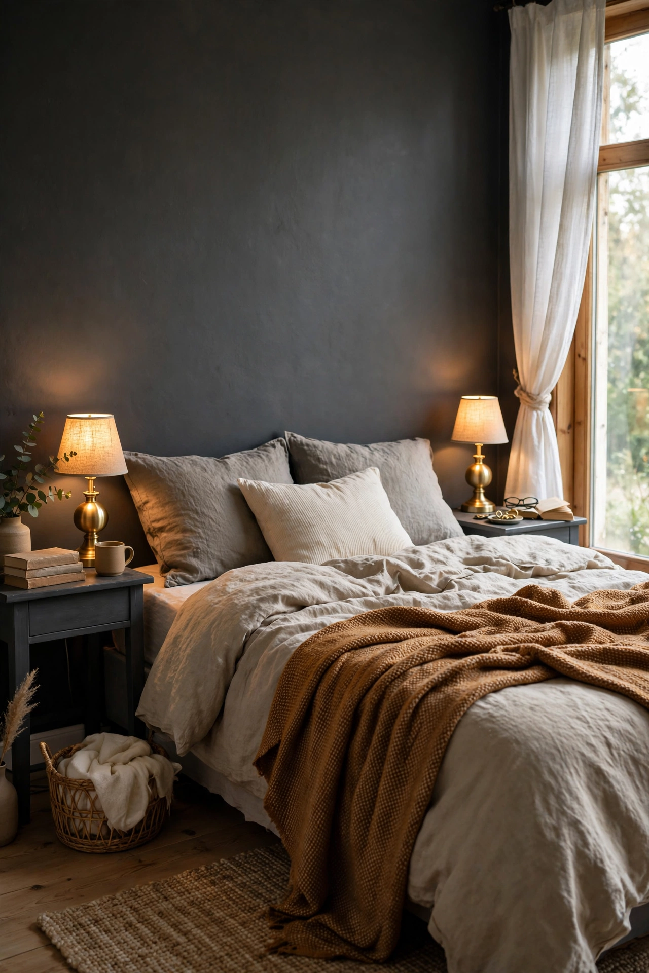 Pair of brushed brass table lamps glowing on charcoal bedside tables