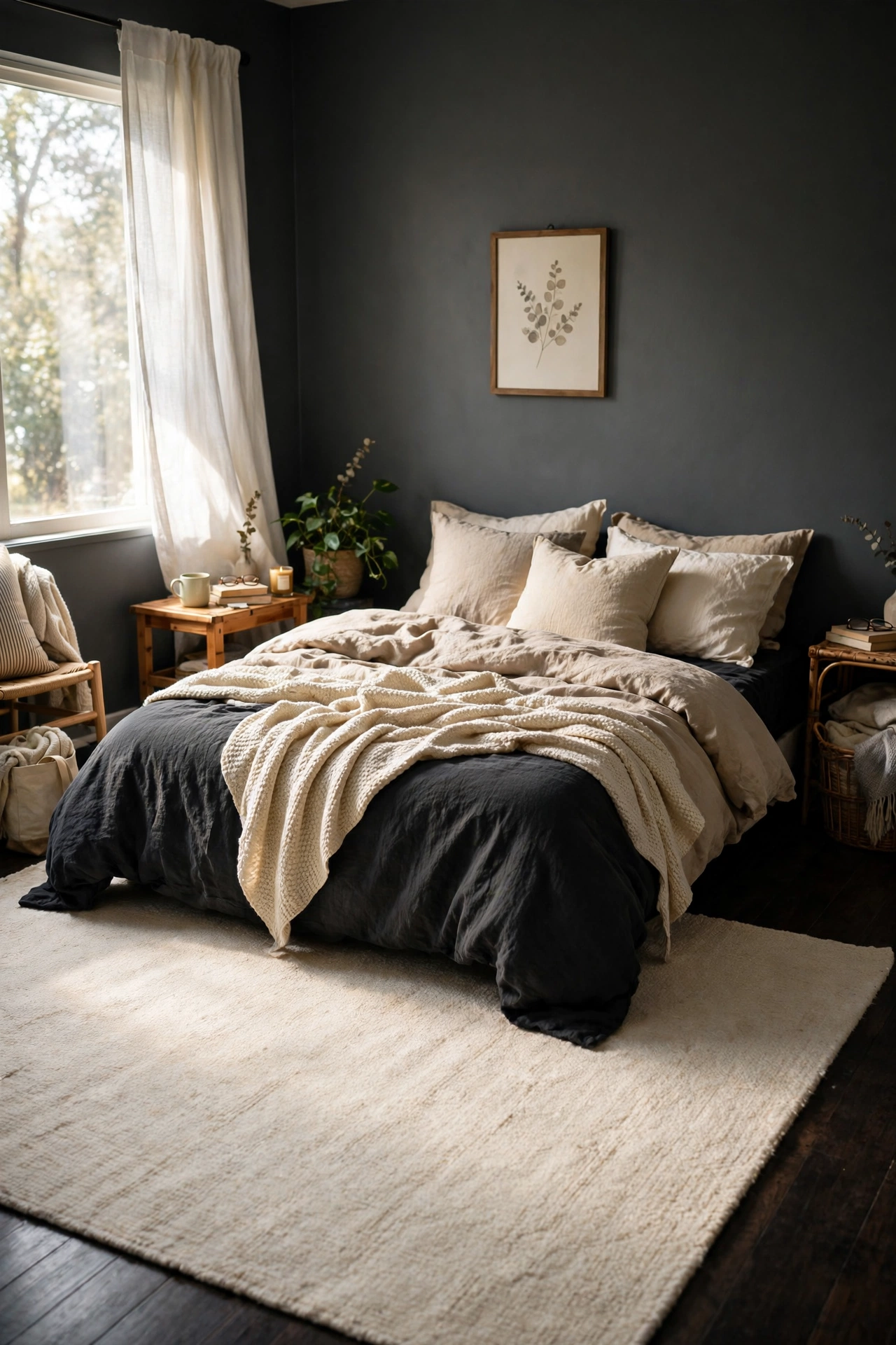 Large cream area rug layered under a bed on dark bedroom flooring