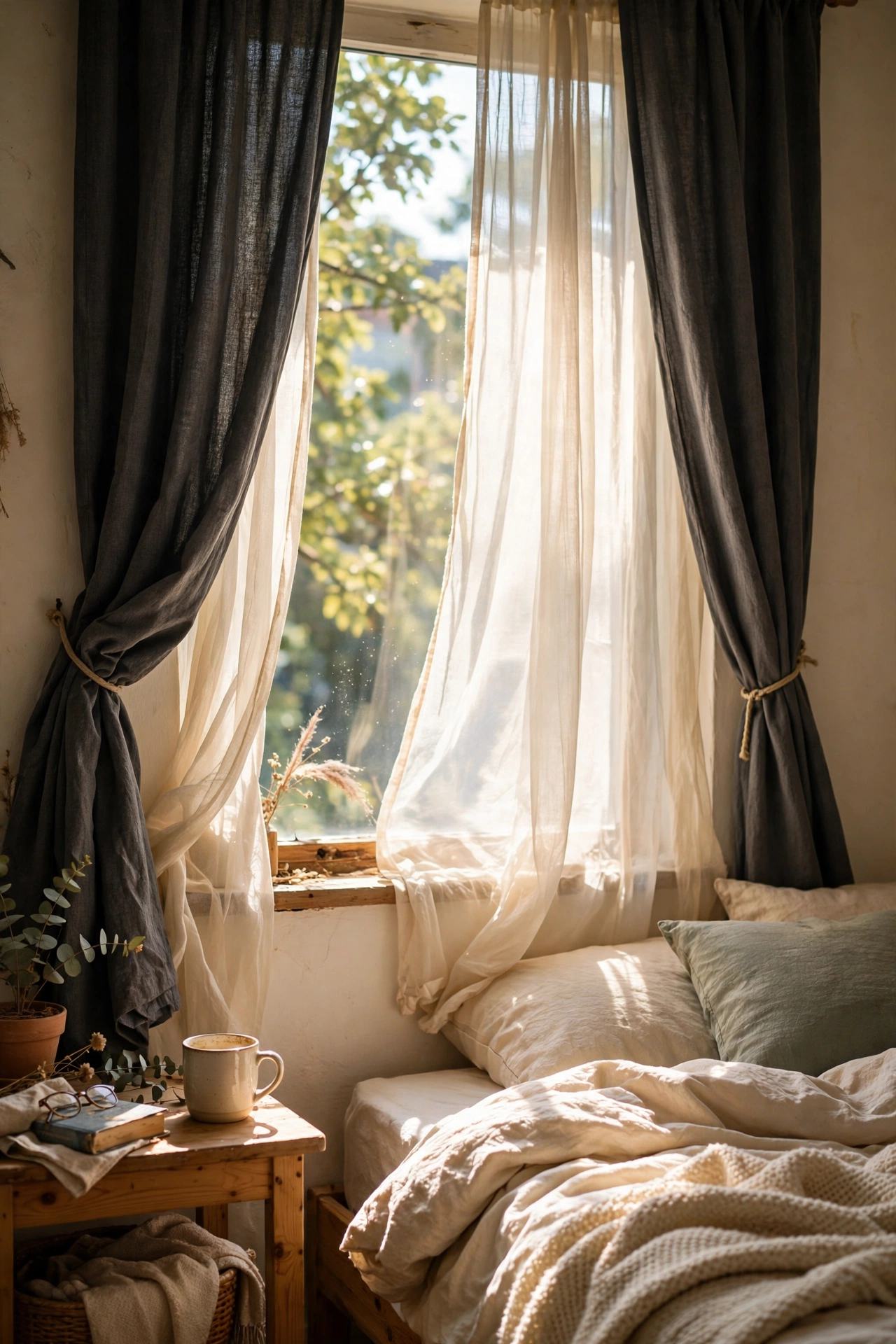 Charcoal curtains layered over sheer cream voile panels on a bedroom window