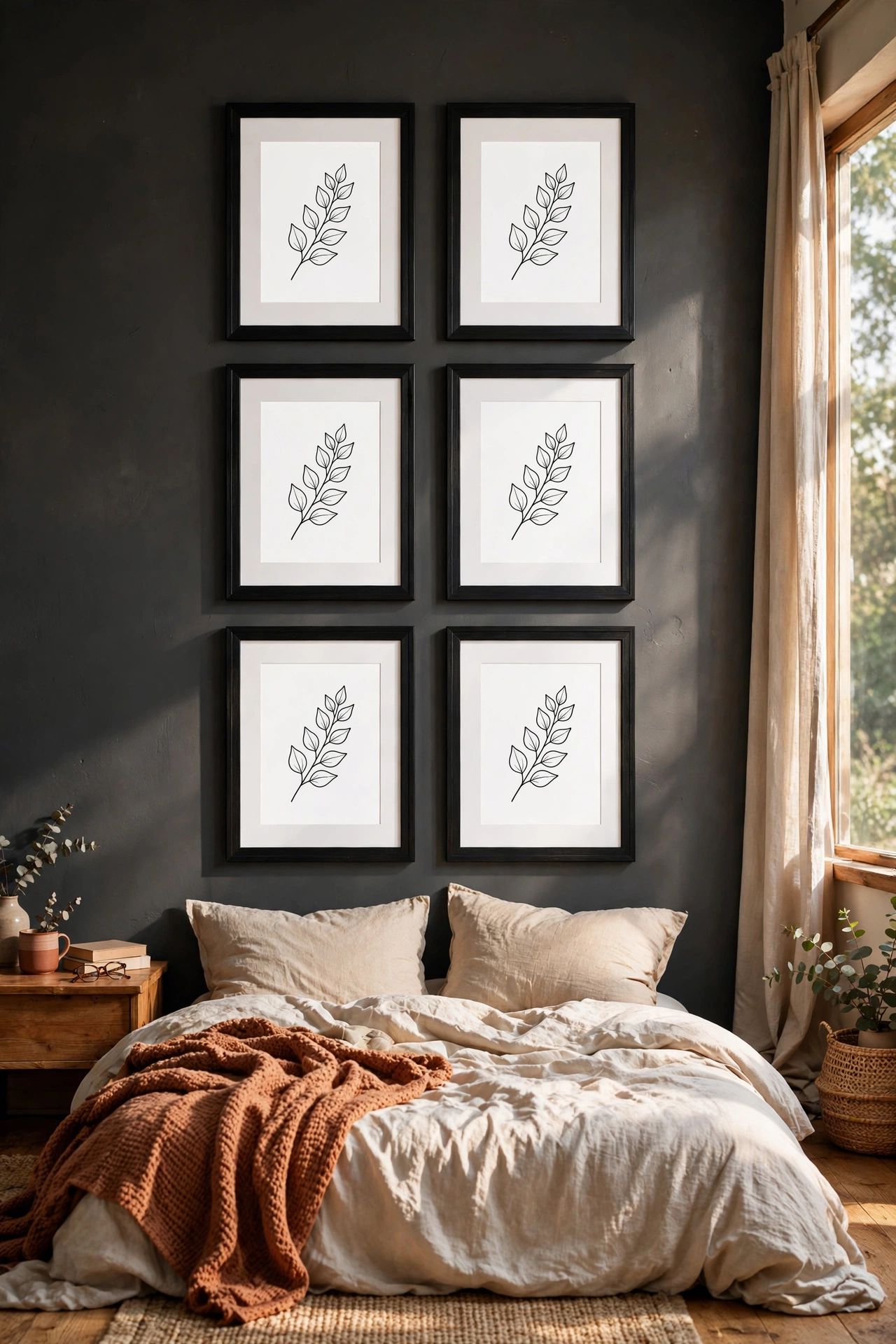 Tight grid of six black-framed prints on a charcoal bedroom wall