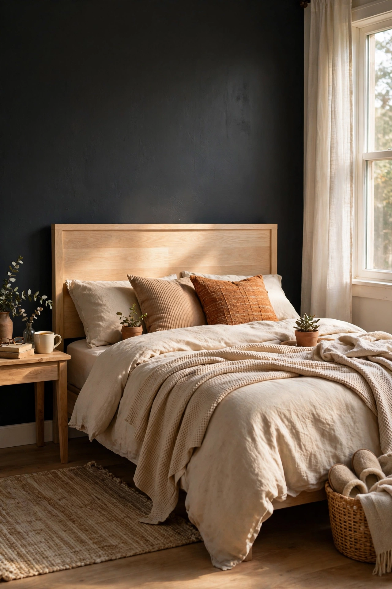Pale oak headboard glowing against a dark charcoal bedroom wall