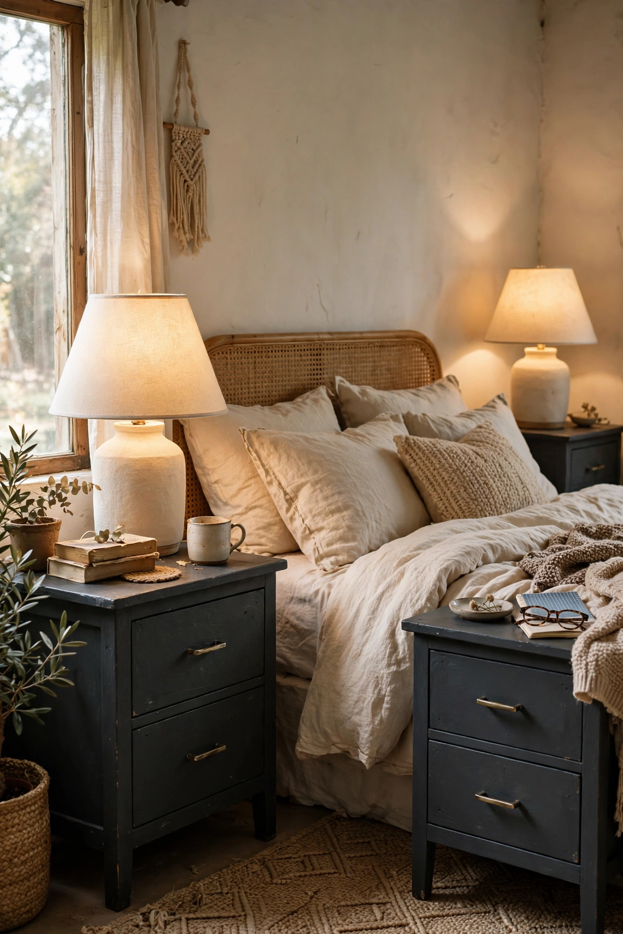 Charcoal bedside tables topped with cream fabric lamp shades